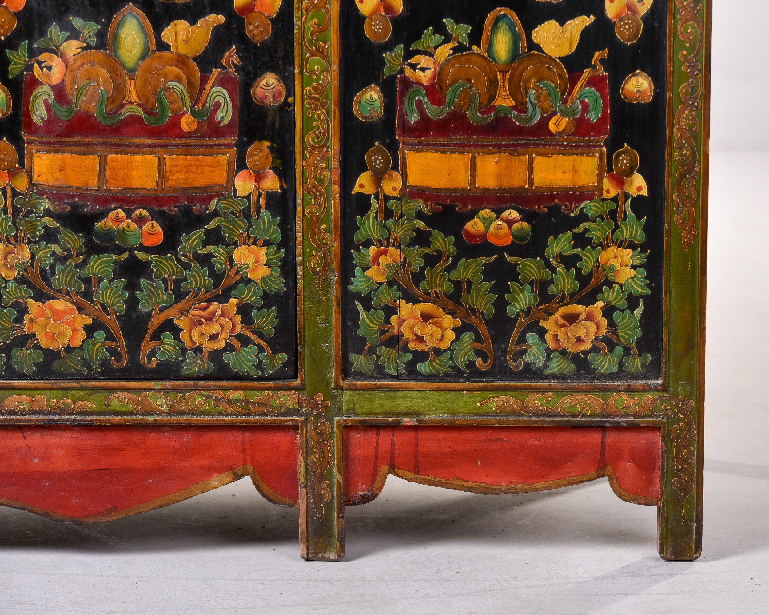Early 20th C Green and Black Four Panel Tibetan Cabinet 1