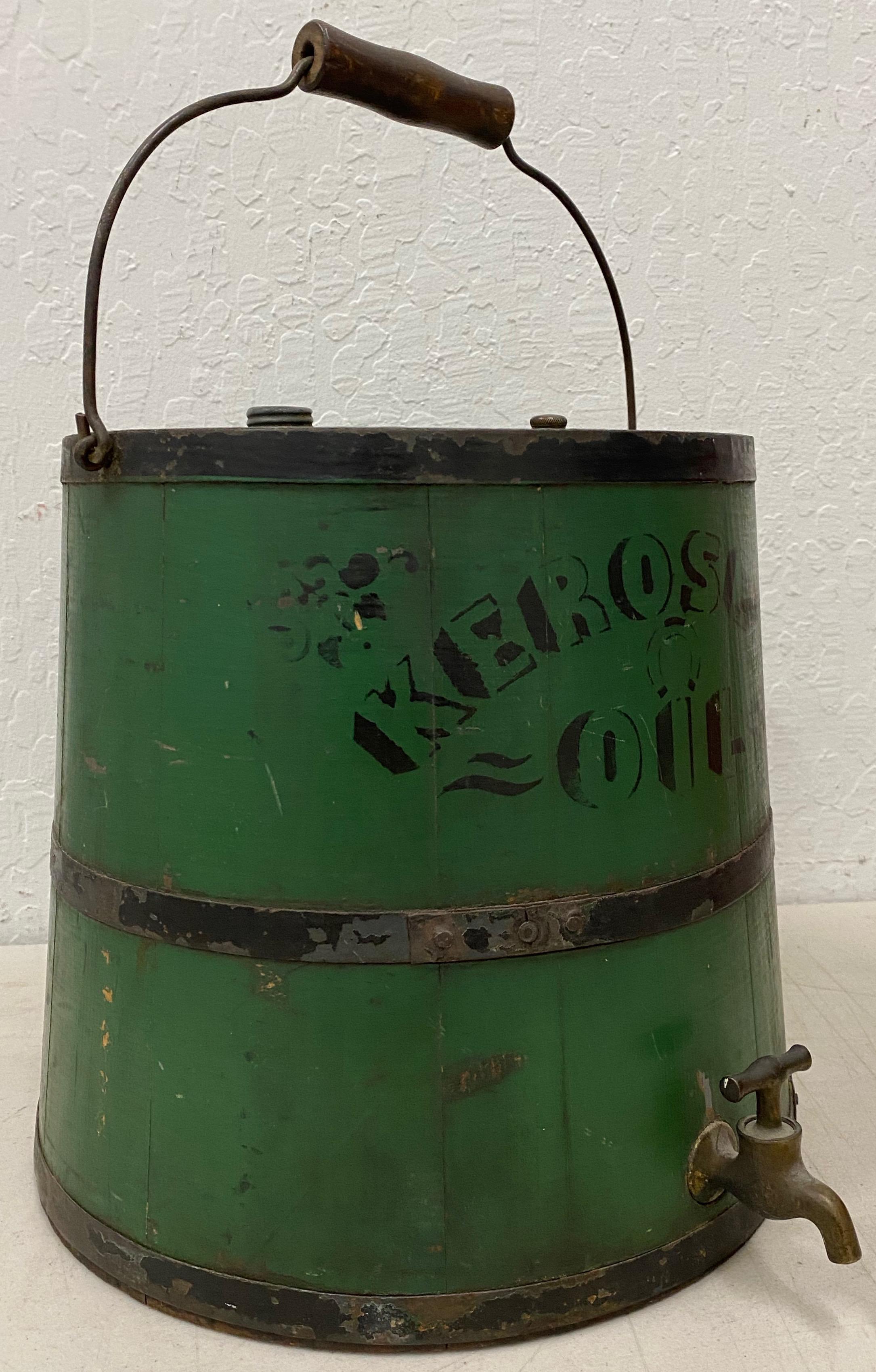 Early 20th century green kerosene can

Fantastic old school wooden and metal strap handmade kerosene oil can.

Though we don't use the cans today, kerosene lamps were in most every household in America in the 19th and early 20th