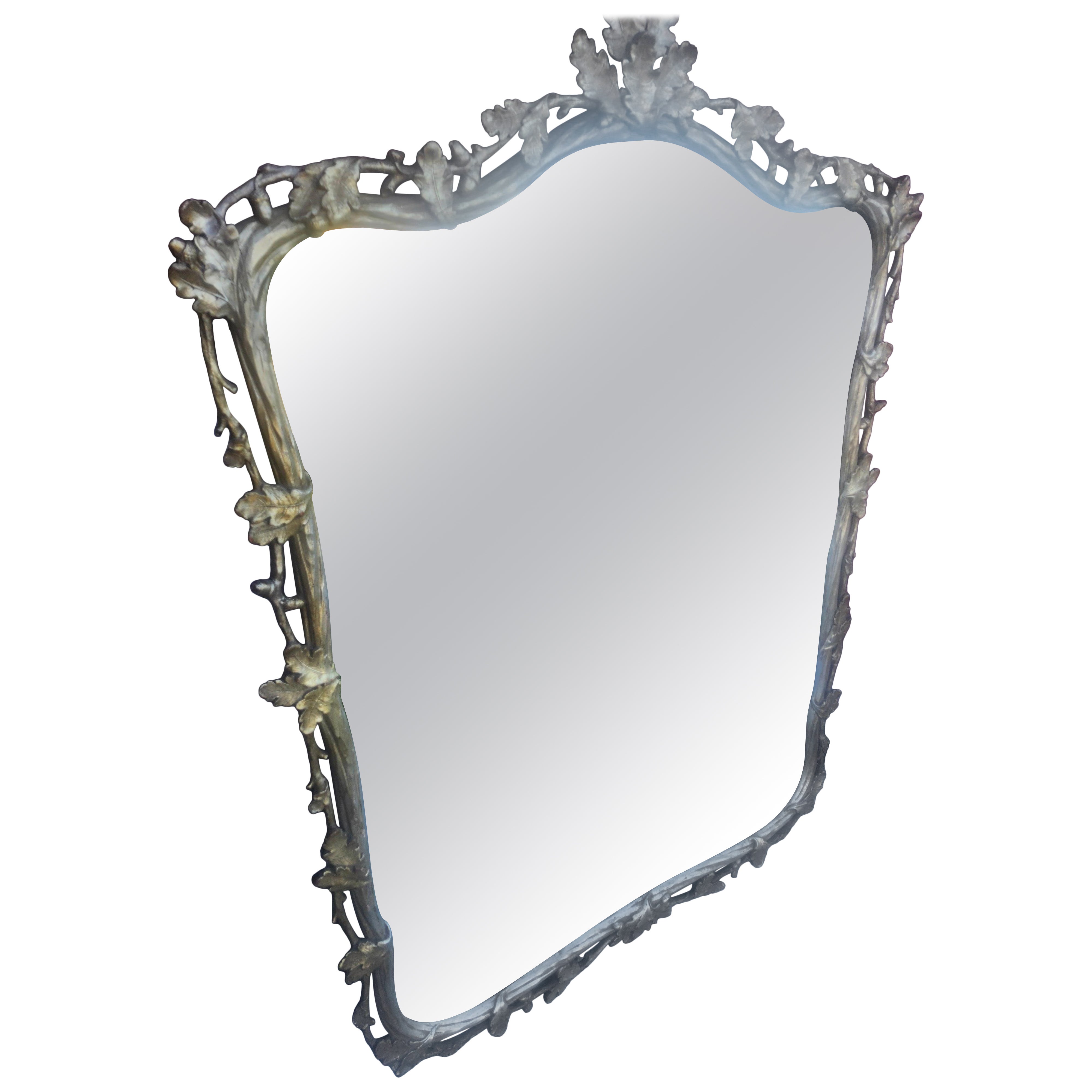 Early 20th C Hand Carved Oak Leaf & Acorn Gilt w Silvered Wall Mirror
