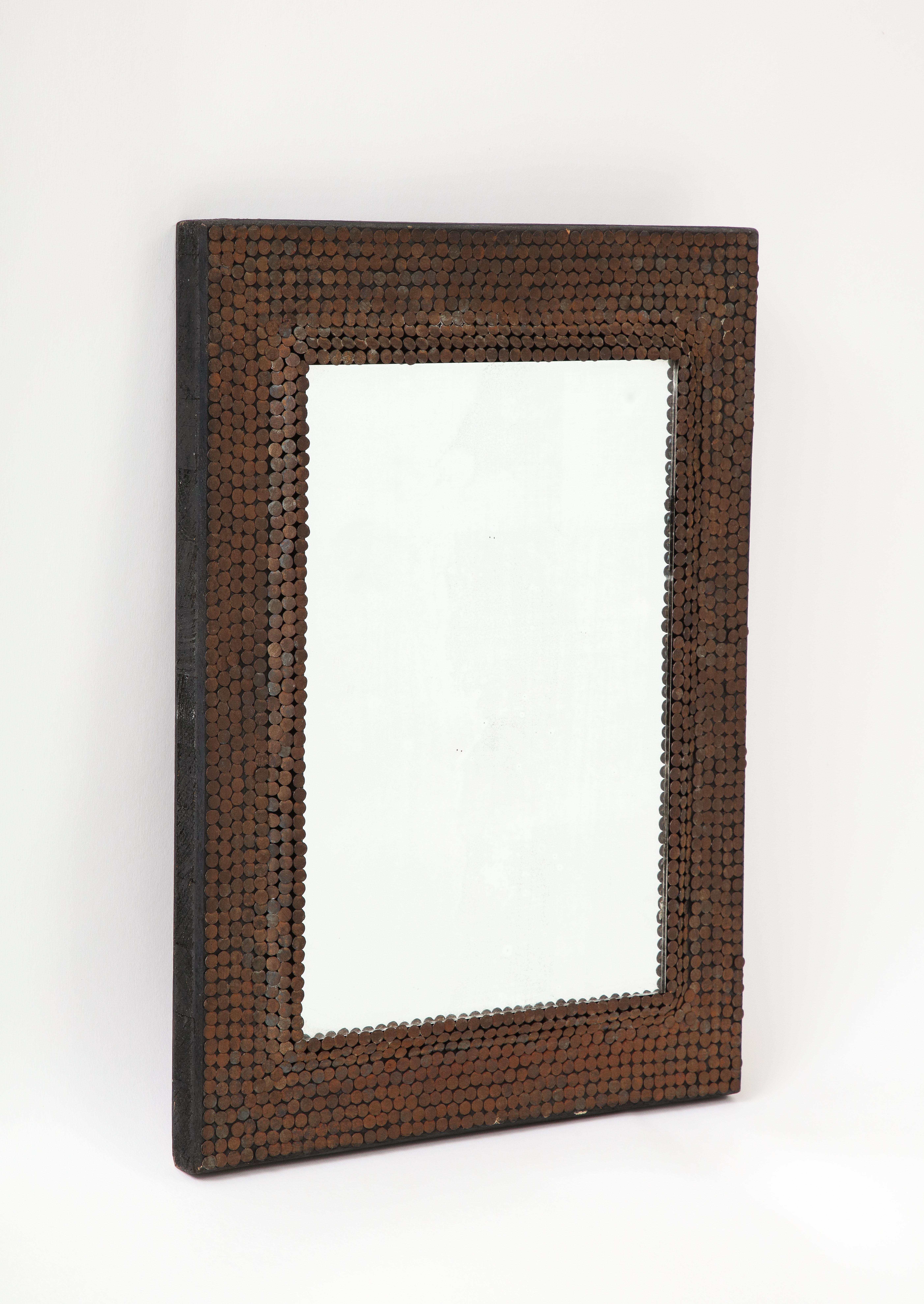 Mid-Century Modern Early 20th C. Hand Made Mirror Studded with Nails, France