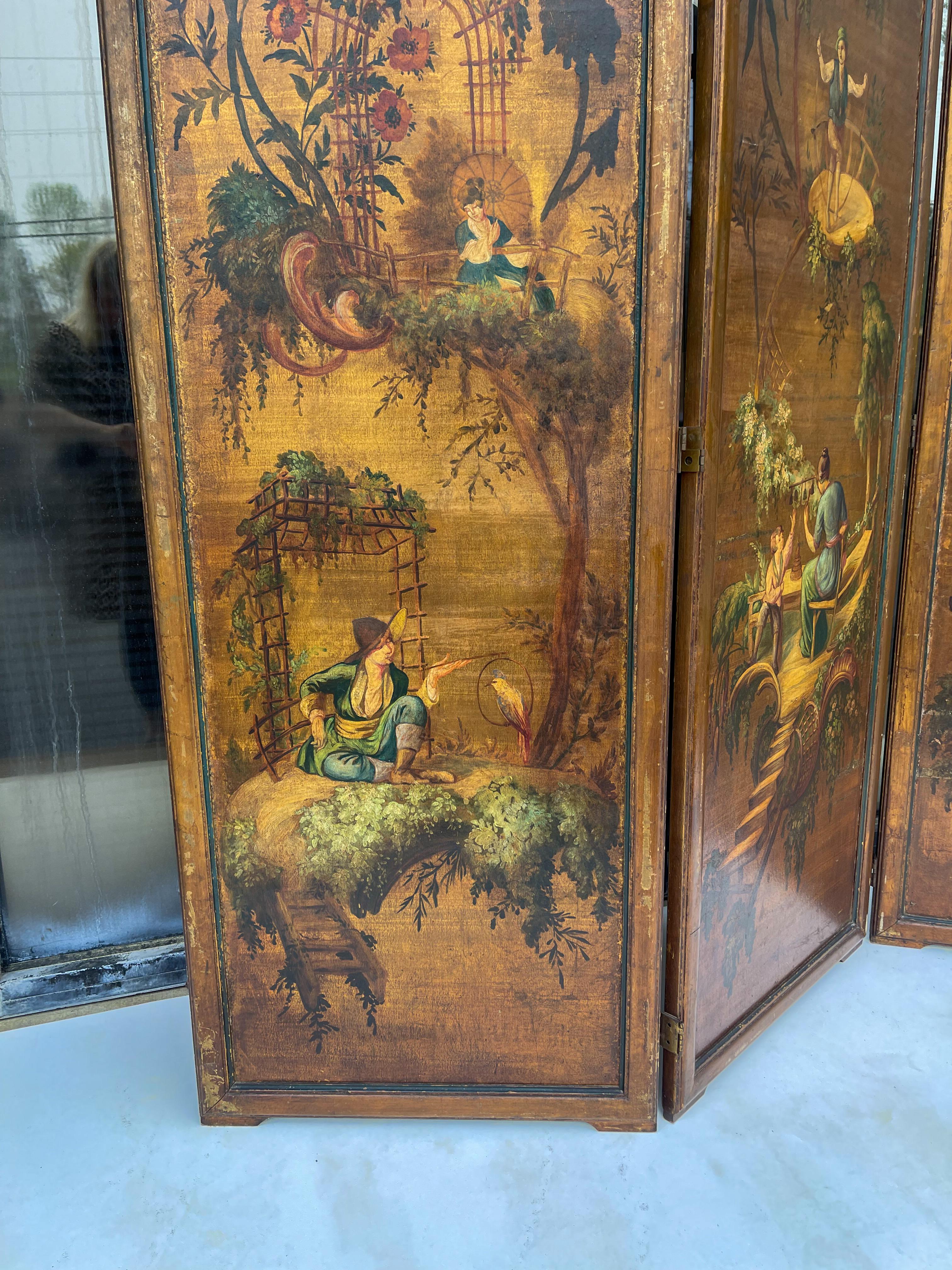 Early 20th-C. Hand Painted French Chinoiserie Oil On Canvas Screen - 3 Panels  For Sale 5