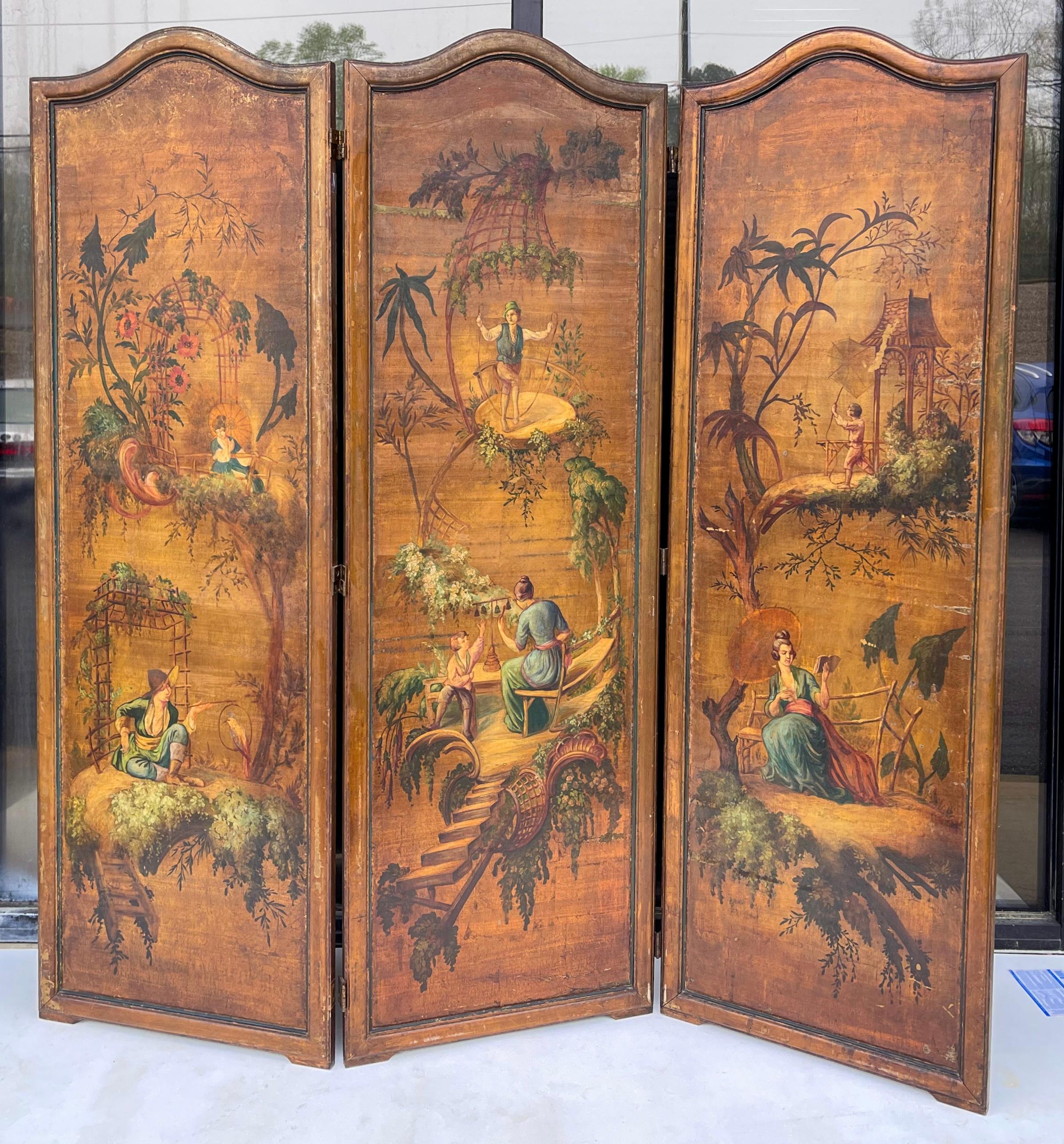 European Early 20th-C. Hand Painted French Chinoiserie Oil On Canvas Screen - 3 Panels  For Sale