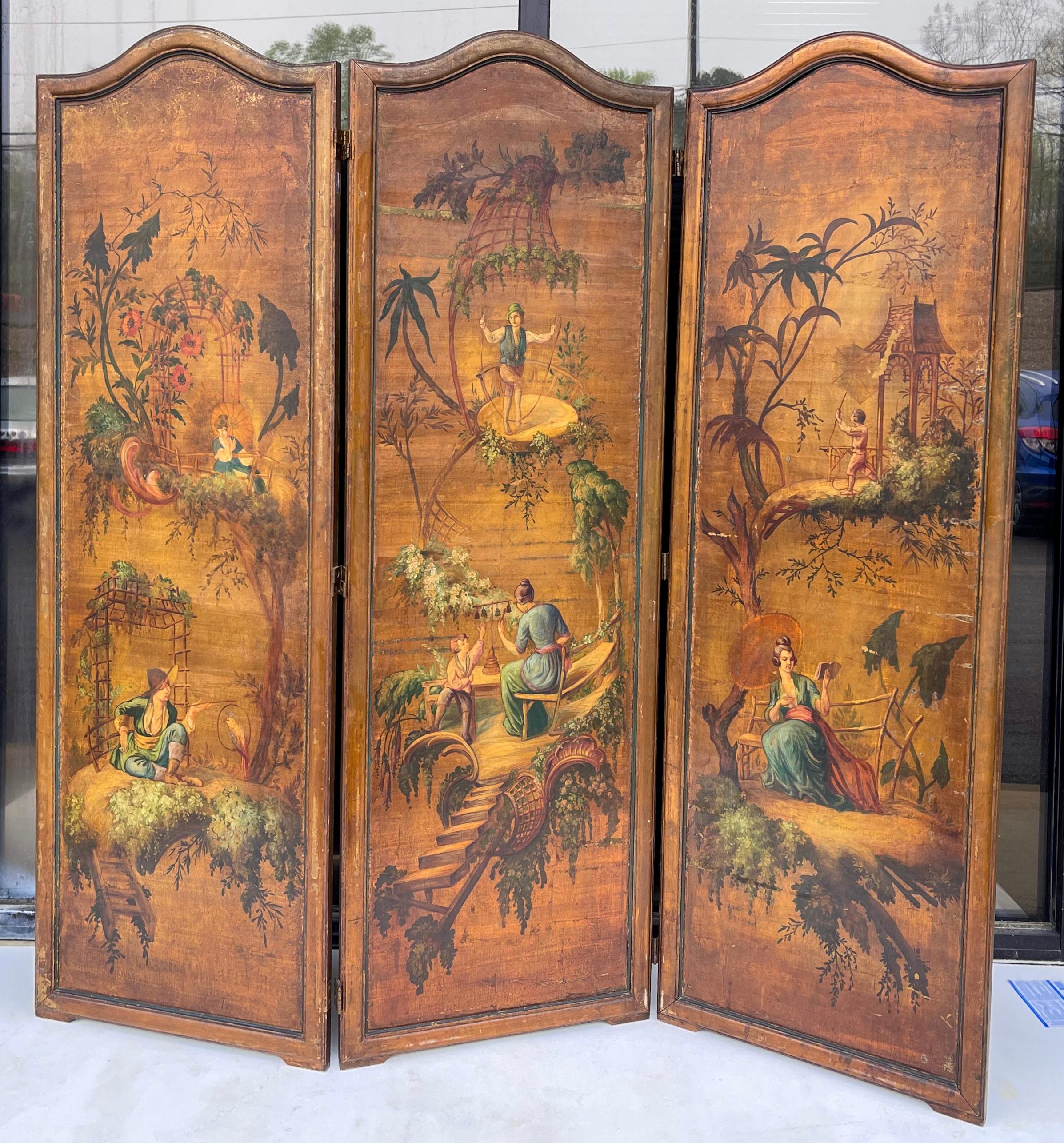Early 20th-C. Hand Painted French Chinoiserie Oil On Canvas Screen - 3 Panels  In Good Condition For Sale In Kennesaw, GA