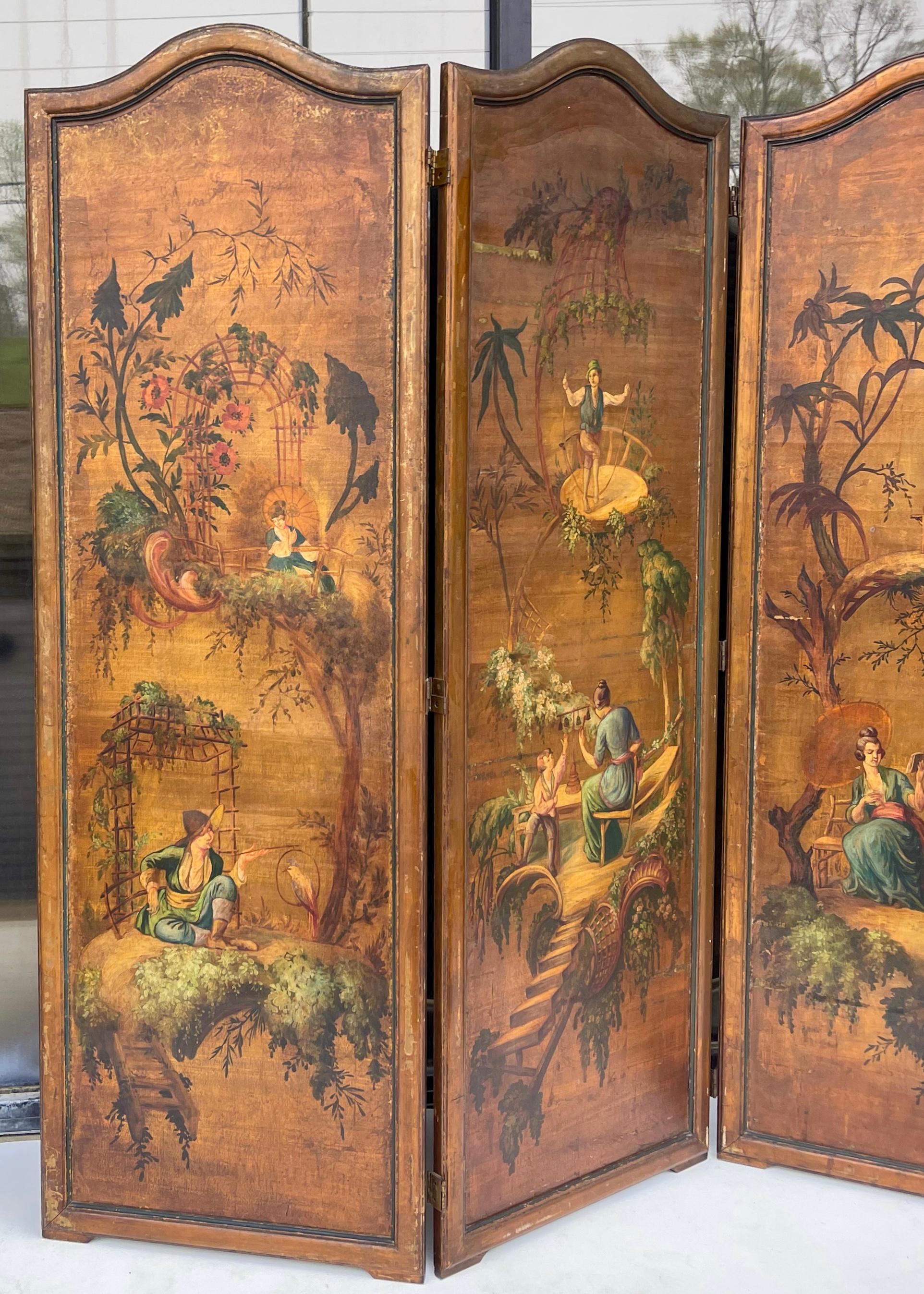 20th Century Early 20th-C. Hand Painted French Chinoiserie Oil On Canvas Screen - 3 Panels  For Sale