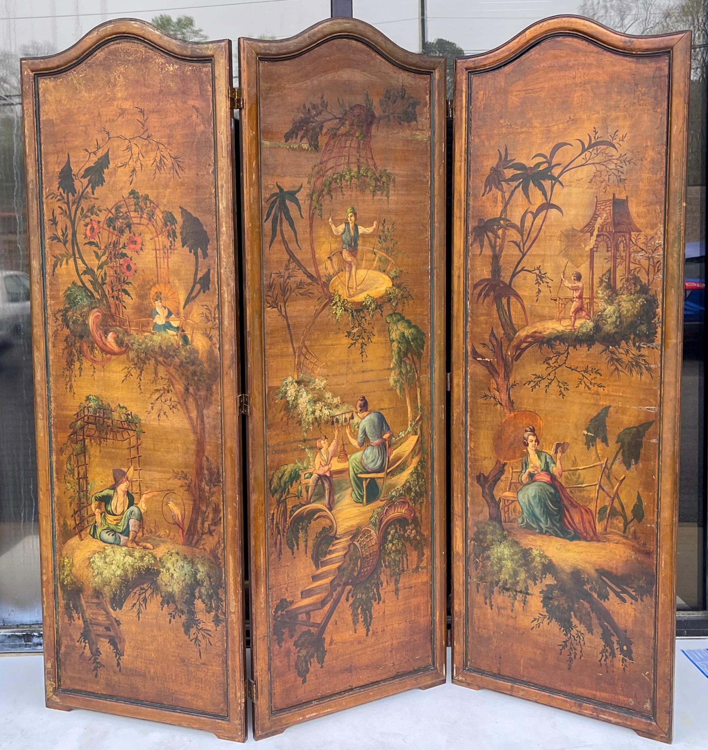 Early 20th-C. Hand Painted French Chinoiserie Oil On Canvas Screen - 3 Panels  For Sale 1