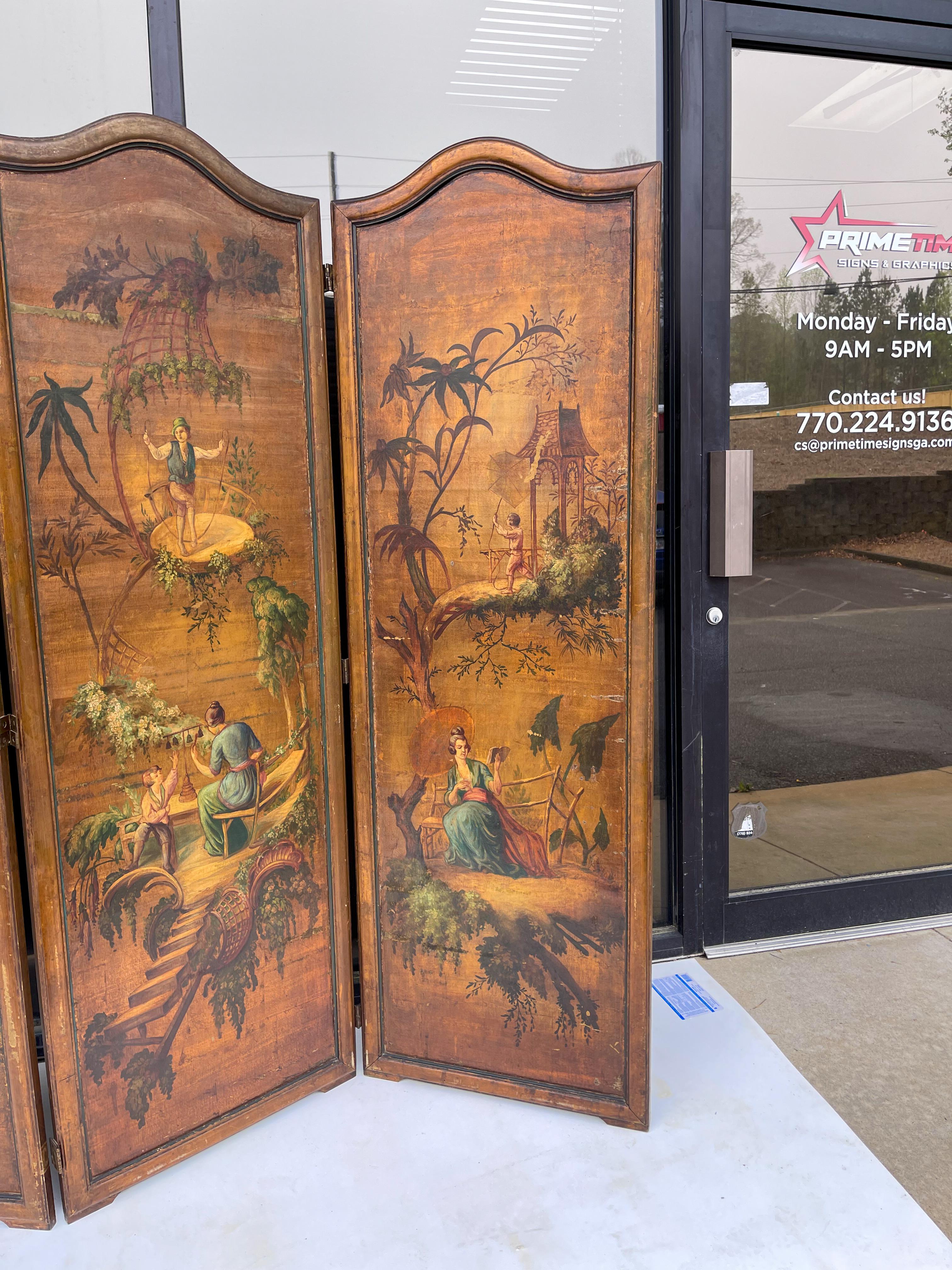 Early 20th-C. Hand Painted French Chinoiserie Oil On Canvas Screen - 3 Panels  For Sale 2