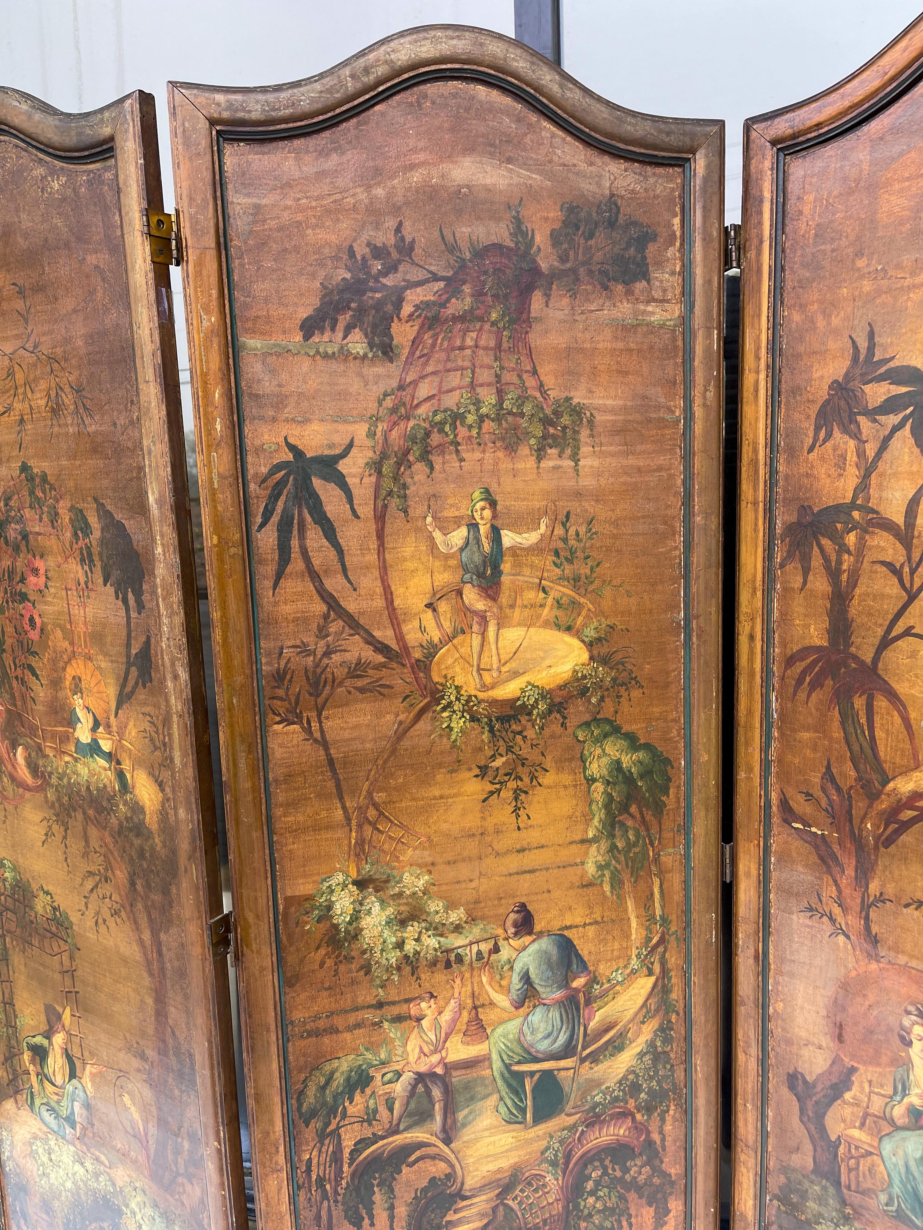 Early 20th-C. Hand Painted French Chinoiserie Oil On Canvas Screen - 3 Panels  For Sale 3