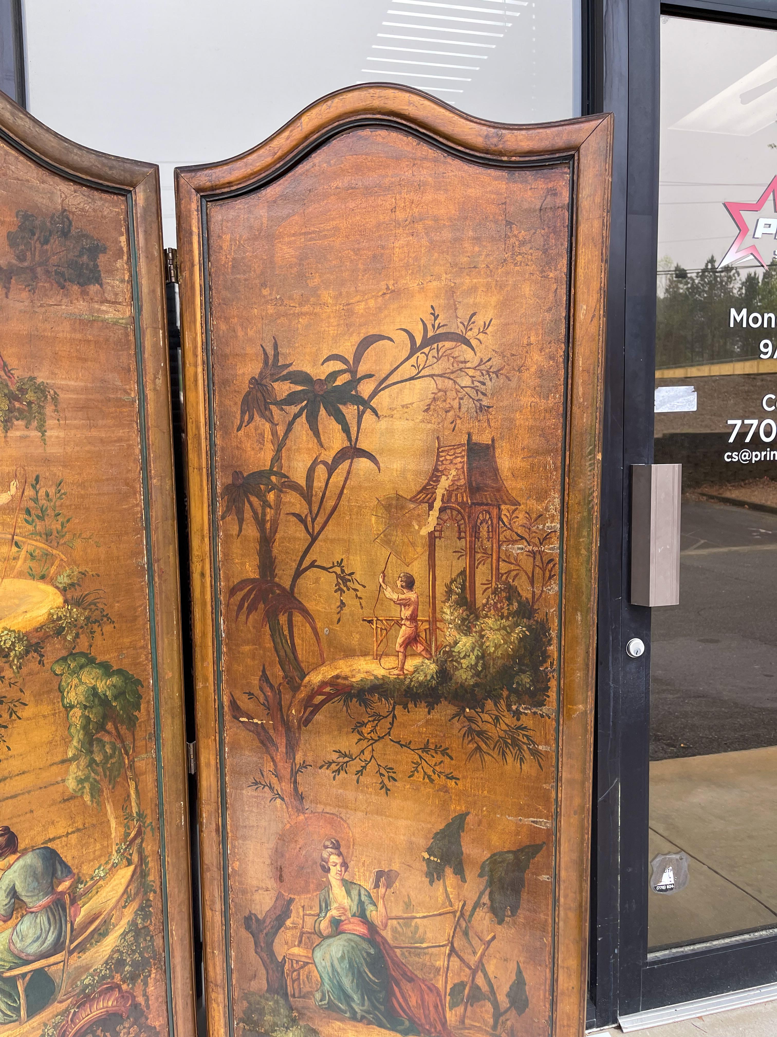 Early 20th-C. Hand Painted French Chinoiserie Oil On Canvas Screen - 3 Panels  For Sale 4