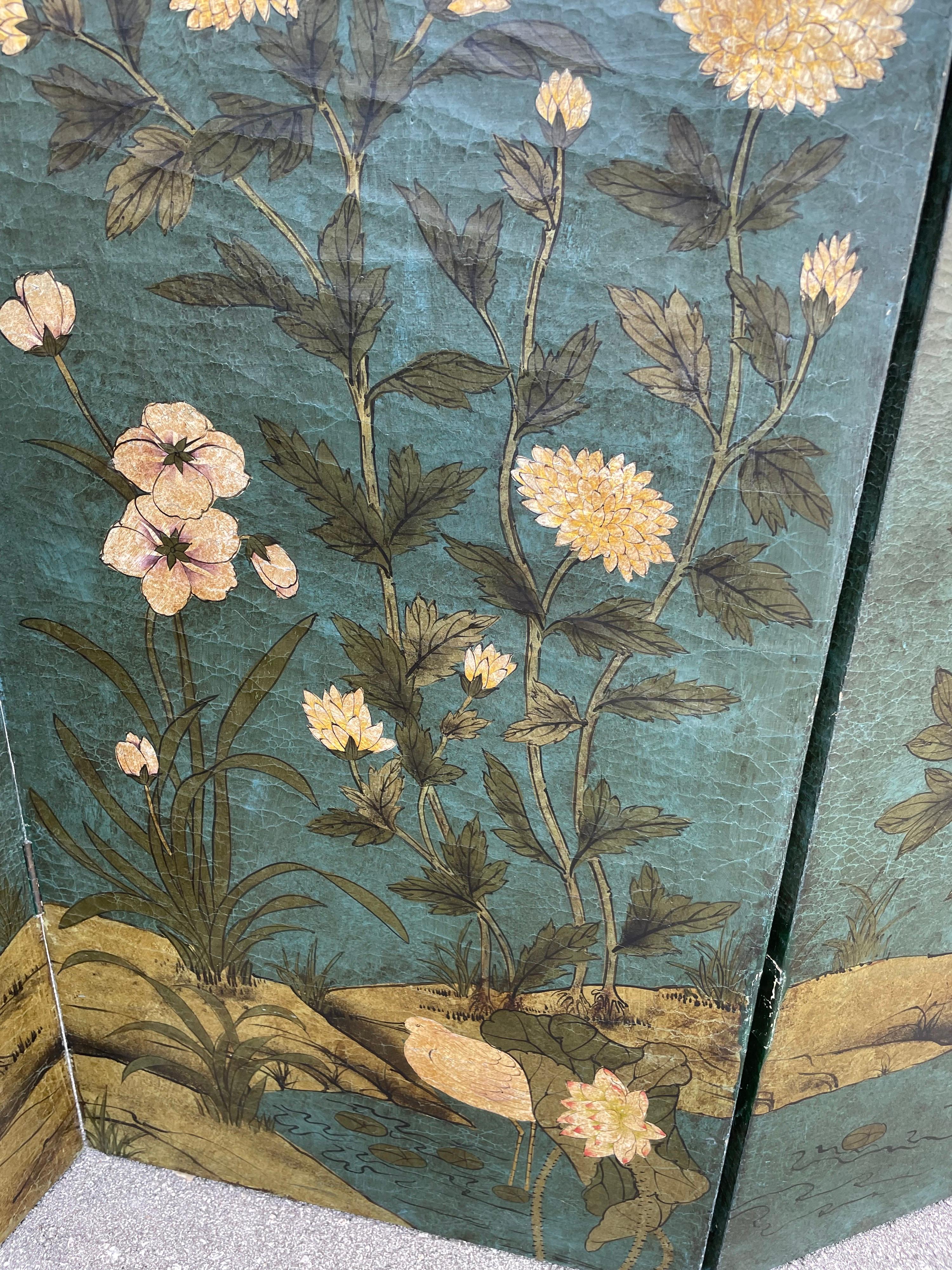 20th Century Early 20th C. Hand-Painted Japanese 4-Panel Paper Screen/ Divider