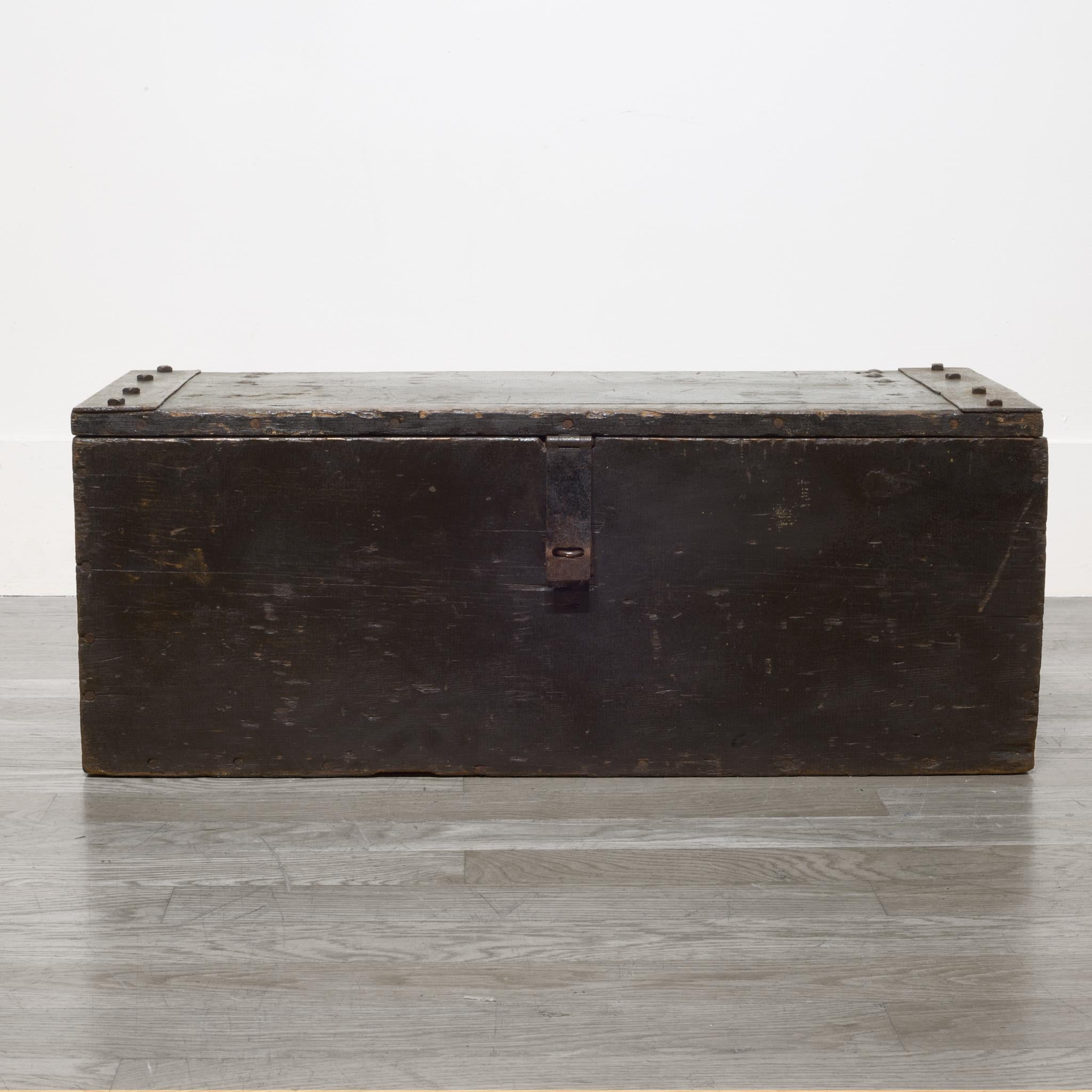 About:

This is a Primitive, handmade wooden chest with bands of steel on both ends with large bolts.

Creator: Unknown.
Date of manufacture: circa 1930-1940s.
Materials and techniques: Wood, steel, metal.
Condition: Good. Wear consistent with age