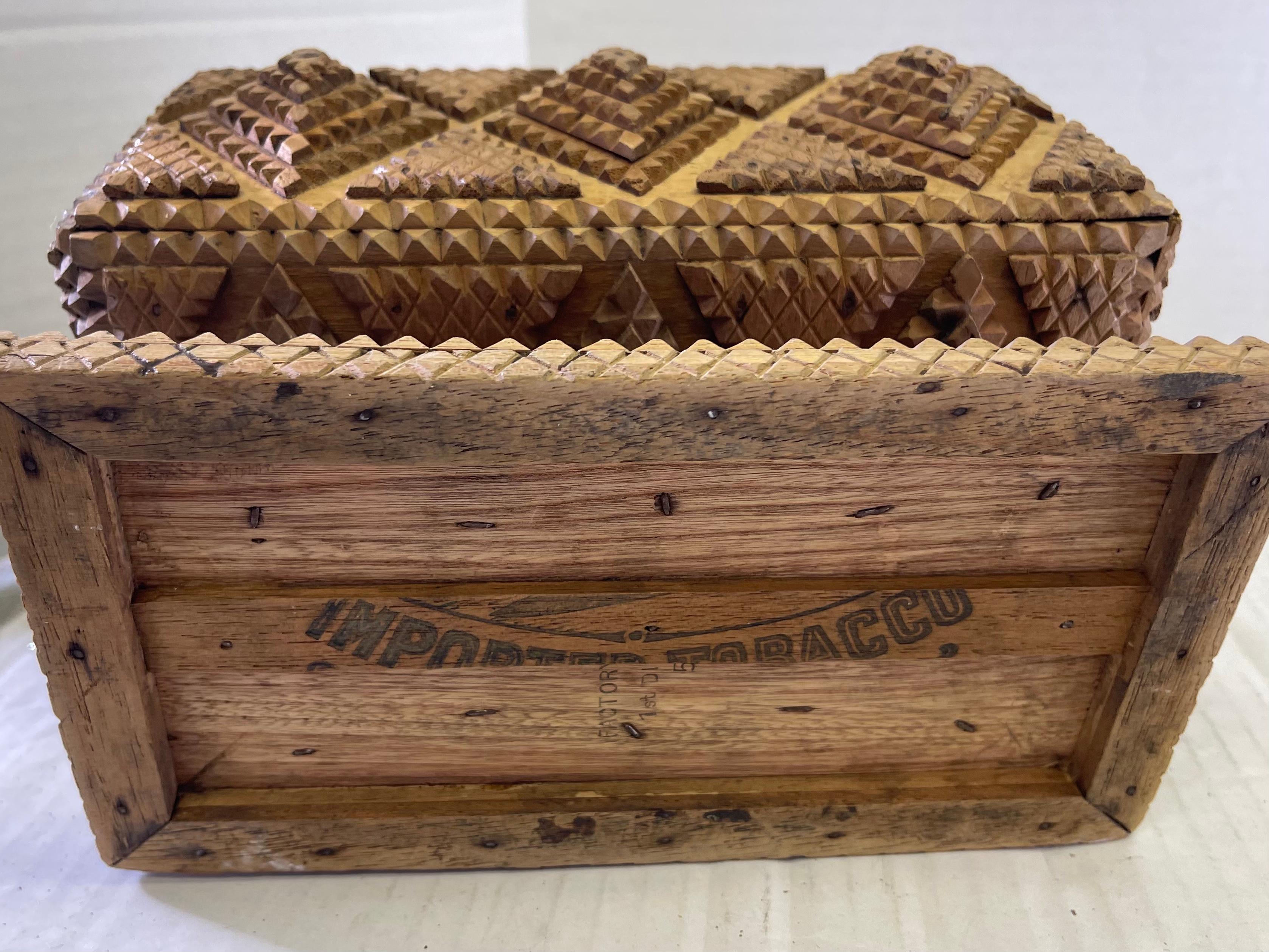Early 20th-C. Heavily Carved Folk Art Tramp Art Box In Good Condition In Kennesaw, GA