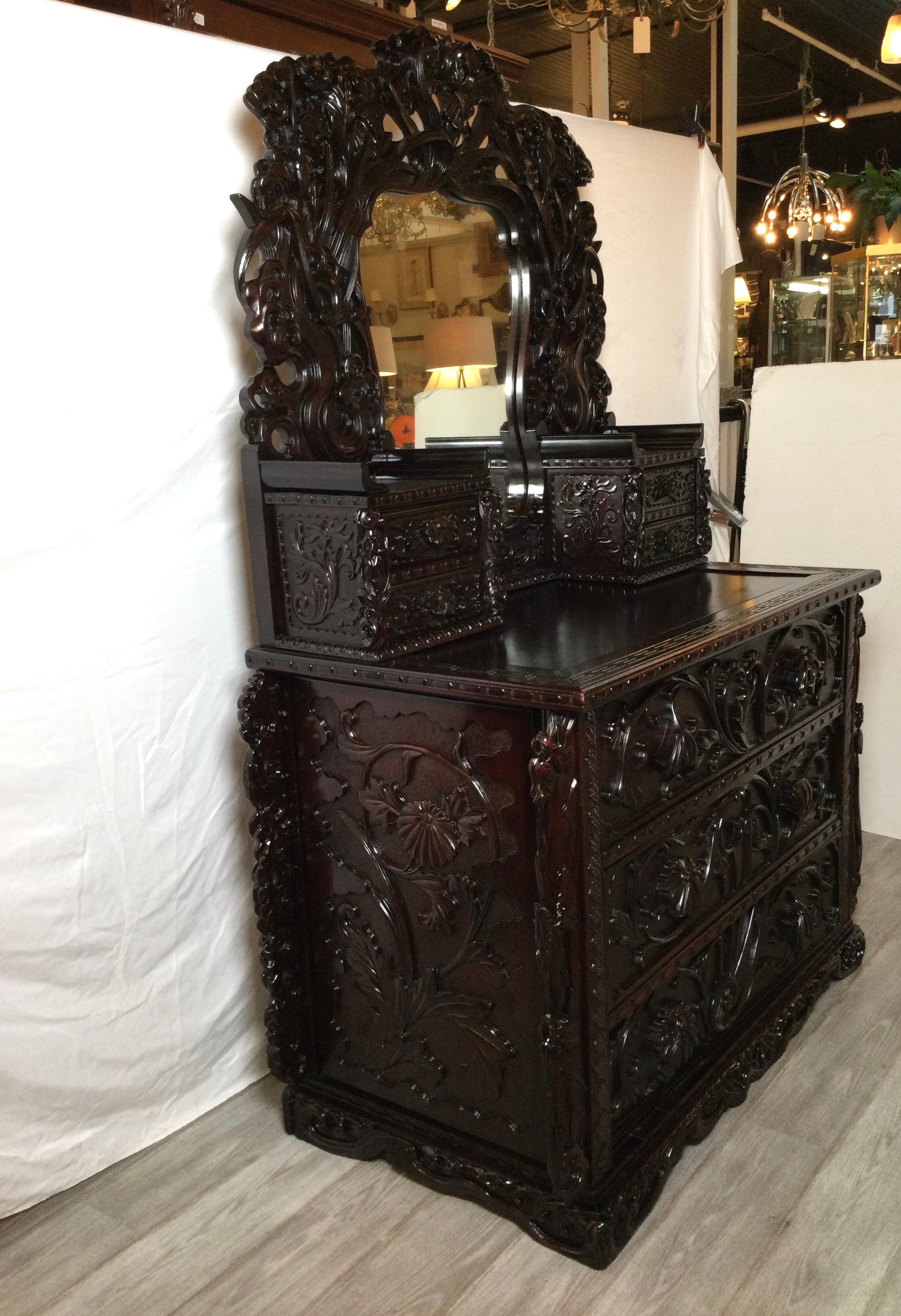 Early 20th C. Heavily Carved Japanese Chest of Drawers with Mirror 5