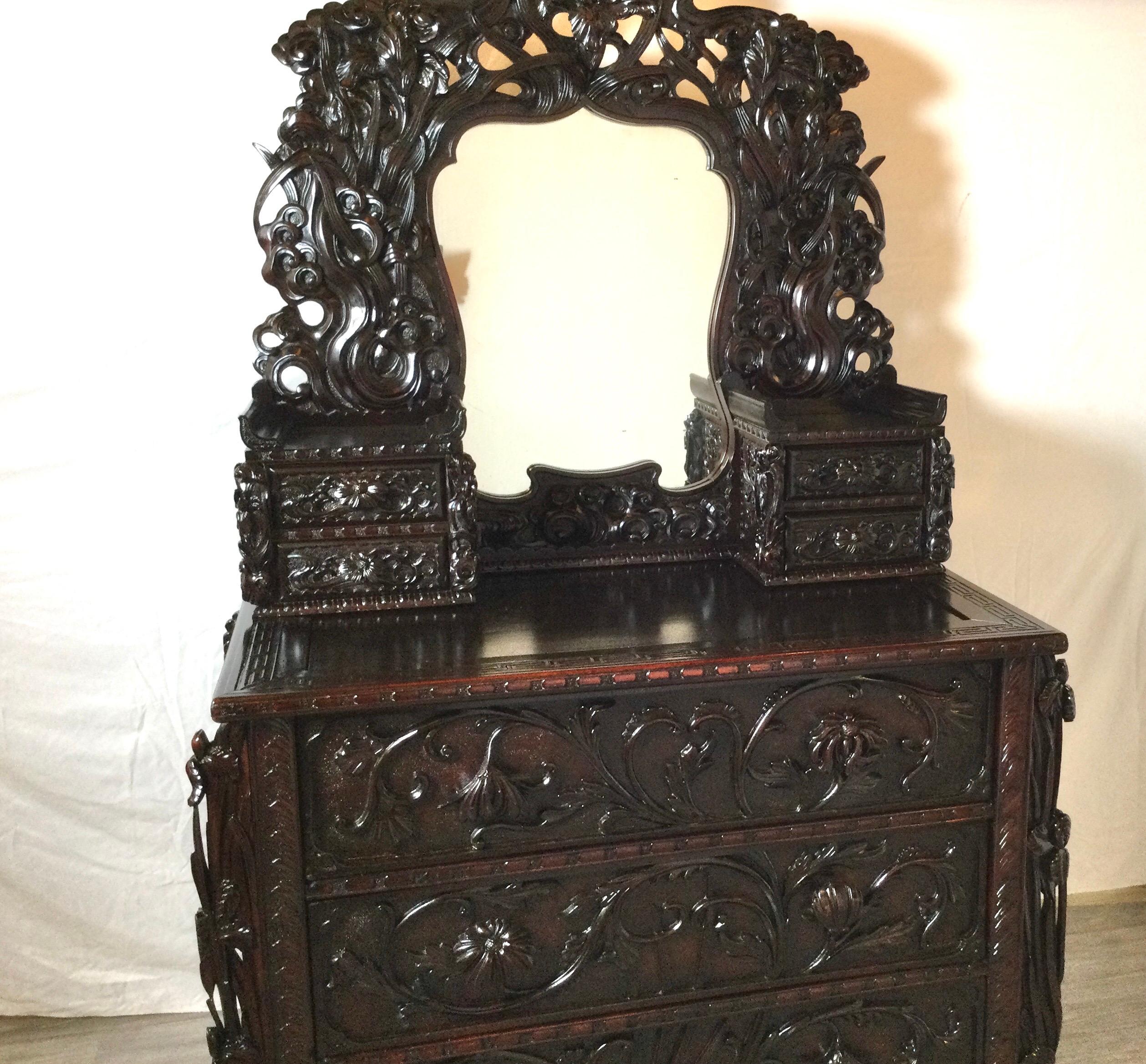 Early 20th C. Heavily Carved Japanese Chest of Drawers with Mirror In Good Condition In Lambertville, NJ