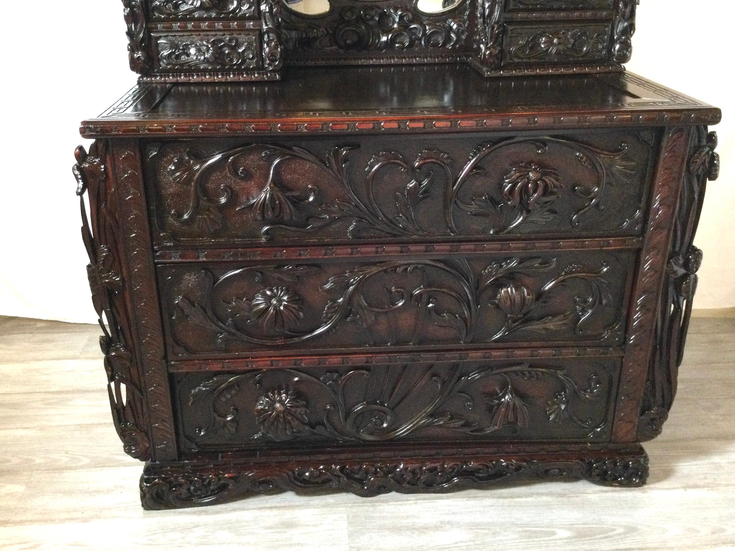 20th Century Early 20th C. Heavily Carved Japanese Chest of Drawers with Mirror