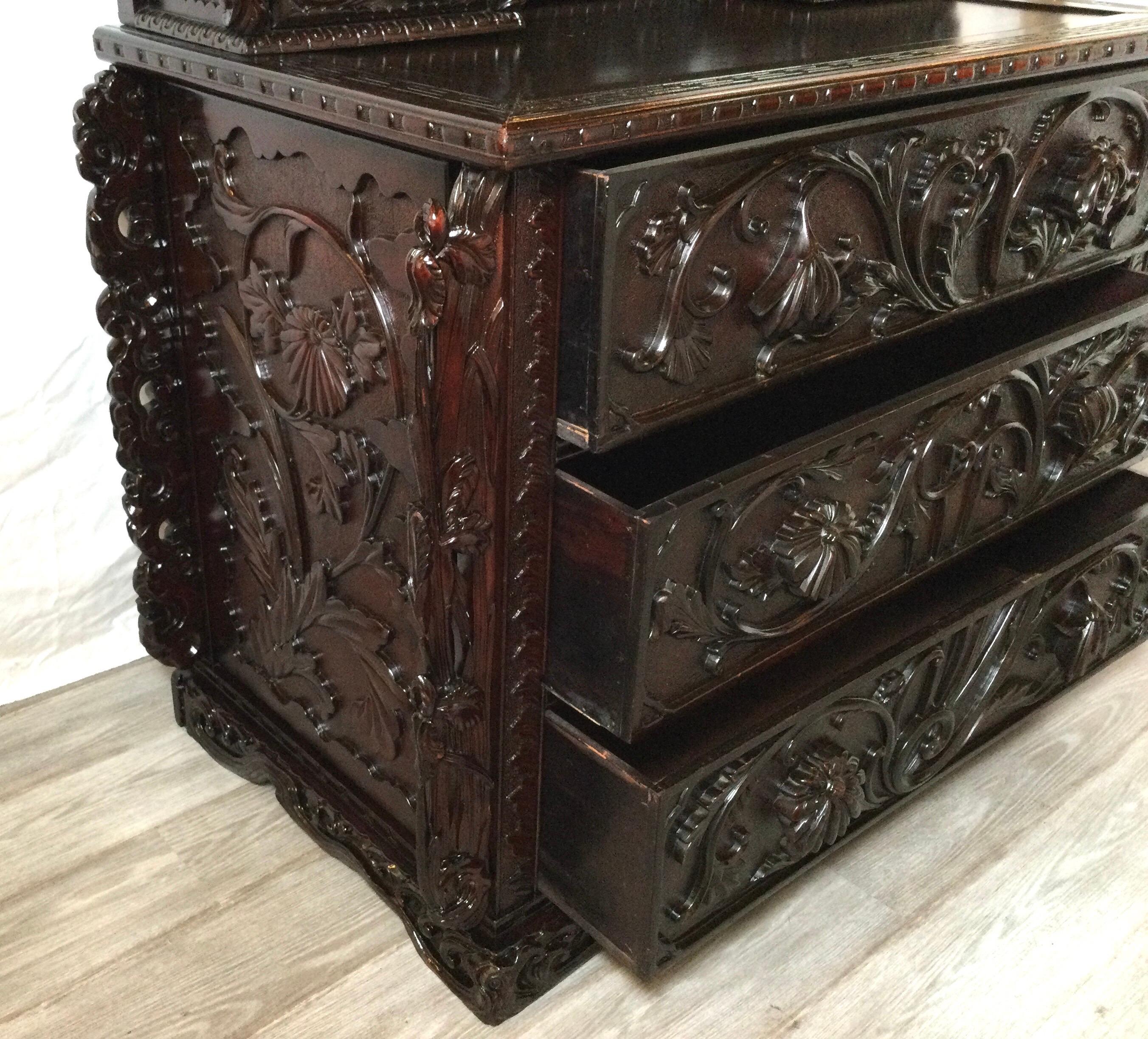 Early 20th C. Heavily Carved Japanese Chest of Drawers with Mirror 1