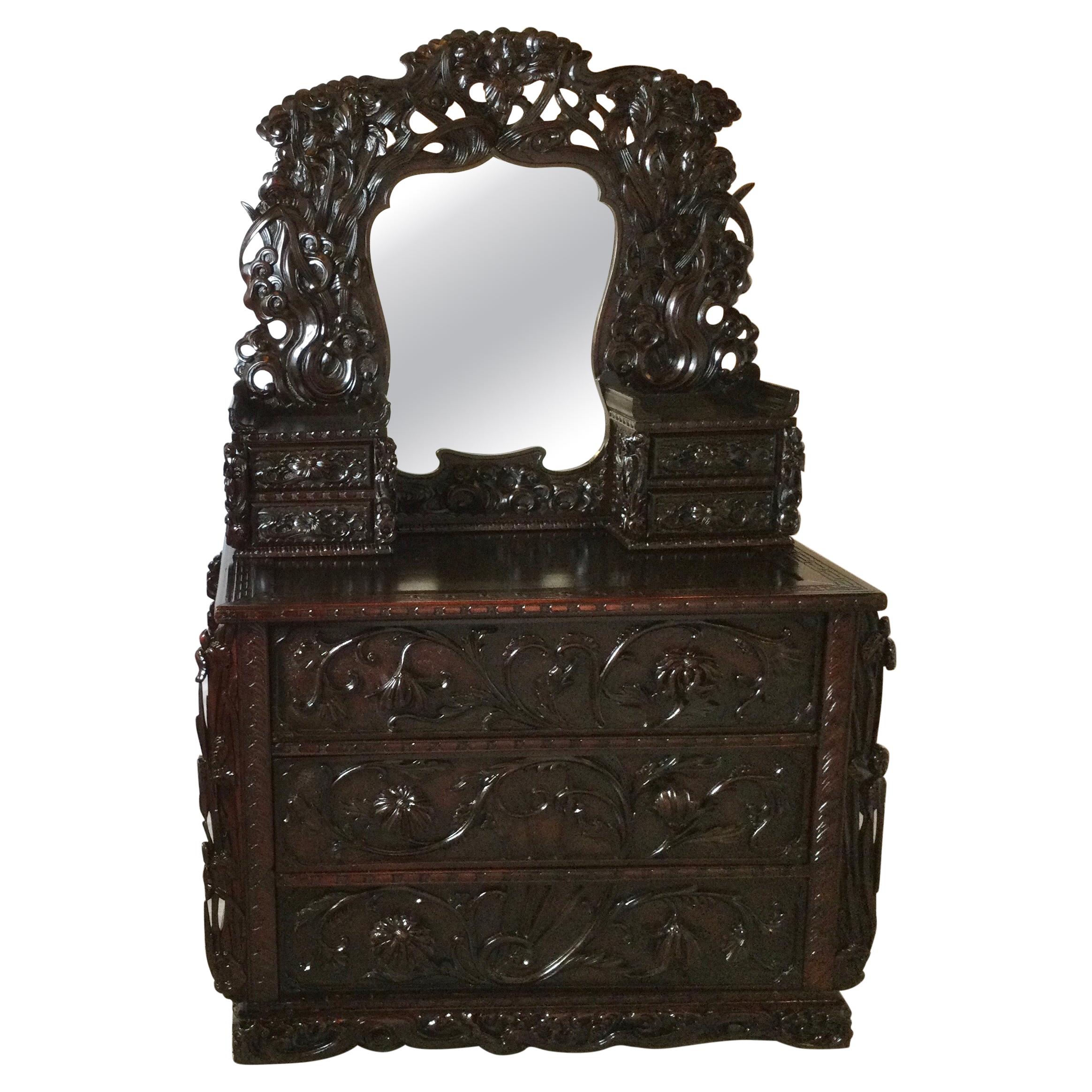 Early 20th C. Heavily Carved Japanese Chest of Drawers with Mirror