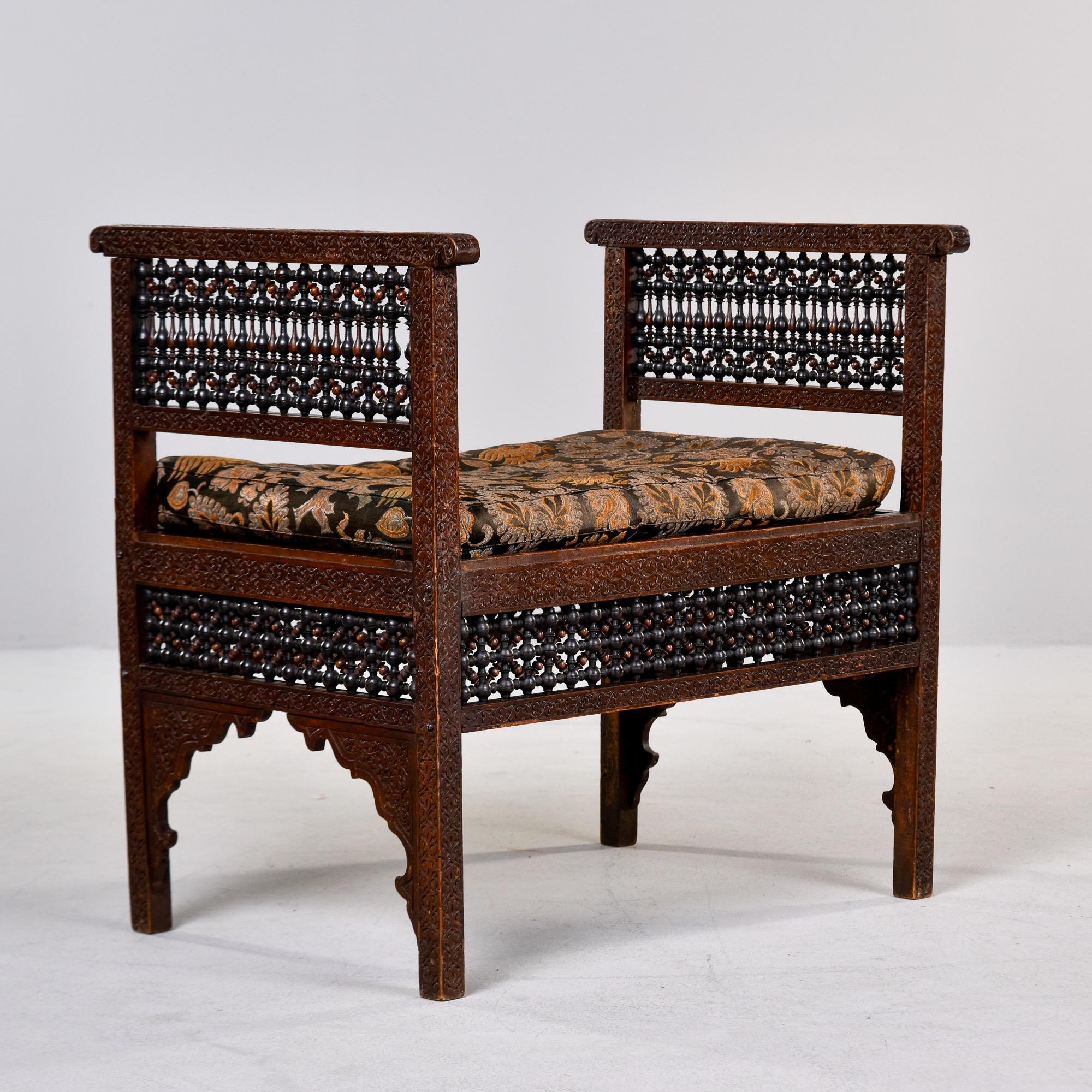 Early 20th C Heavily Carved Teak Moorish Bench With Tall Sides and Cushion For Sale 3