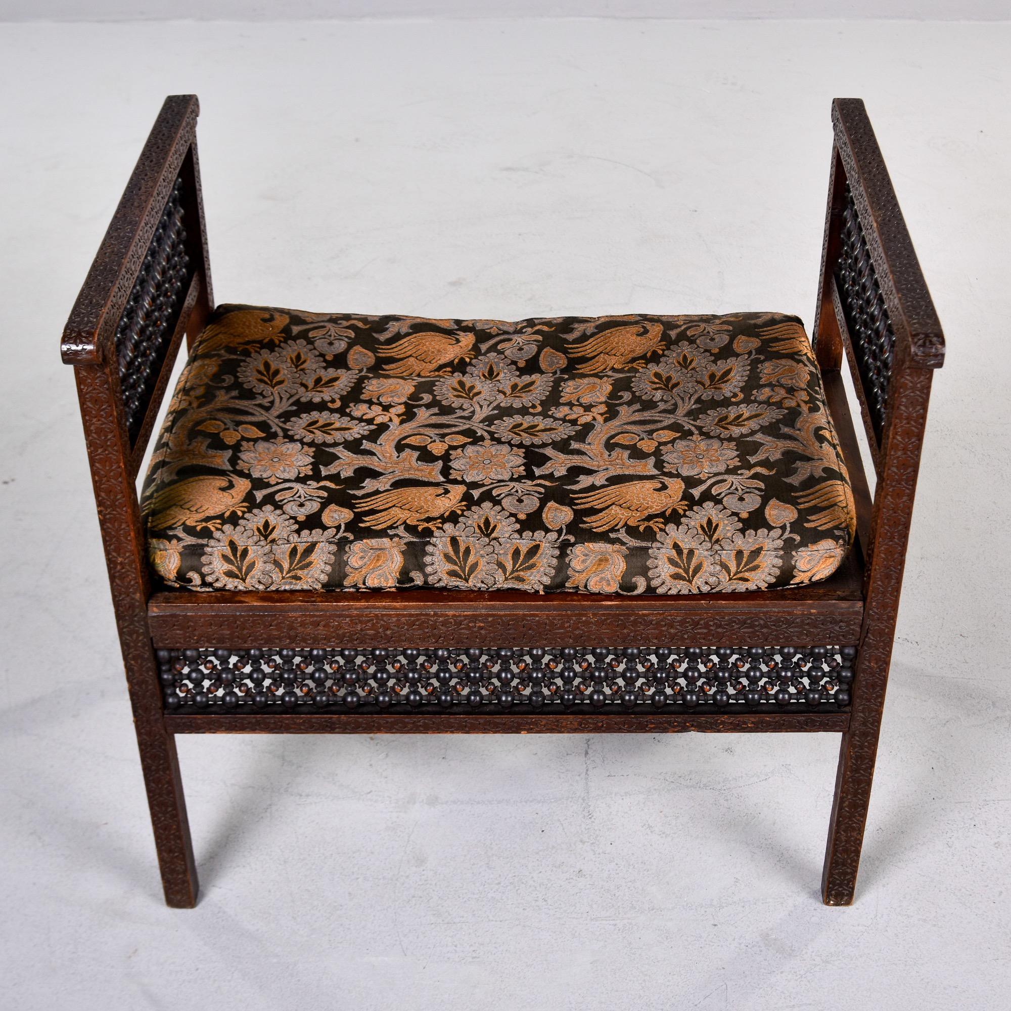 Hand-Carved Early 20th C Heavily Carved Teak Moorish Bench With Tall Sides and Cushion For Sale