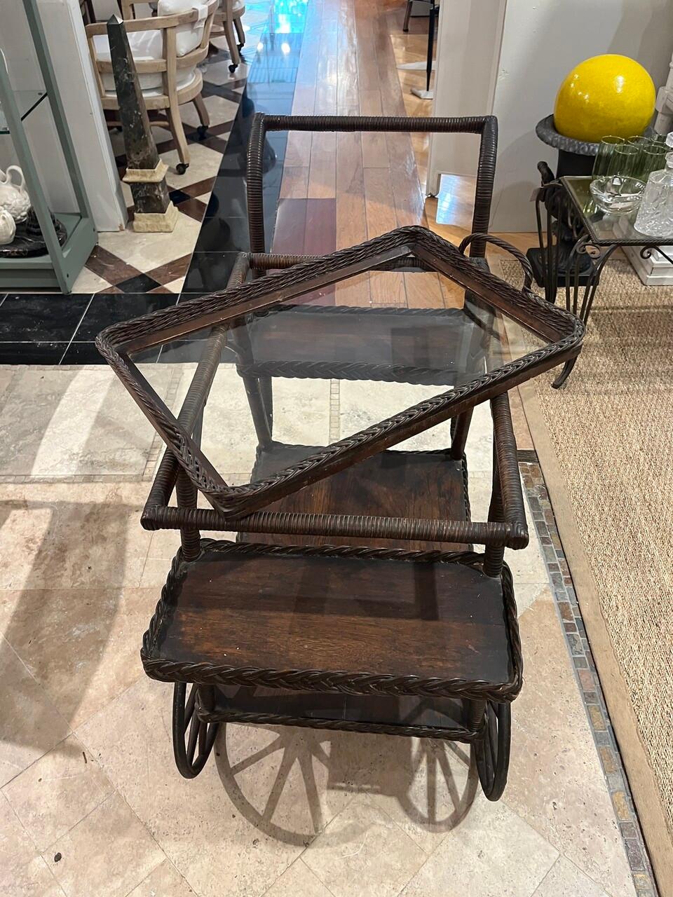 Hand-Woven Early 20th C Heywood Wakefield Bar / Tea Cart For Sale