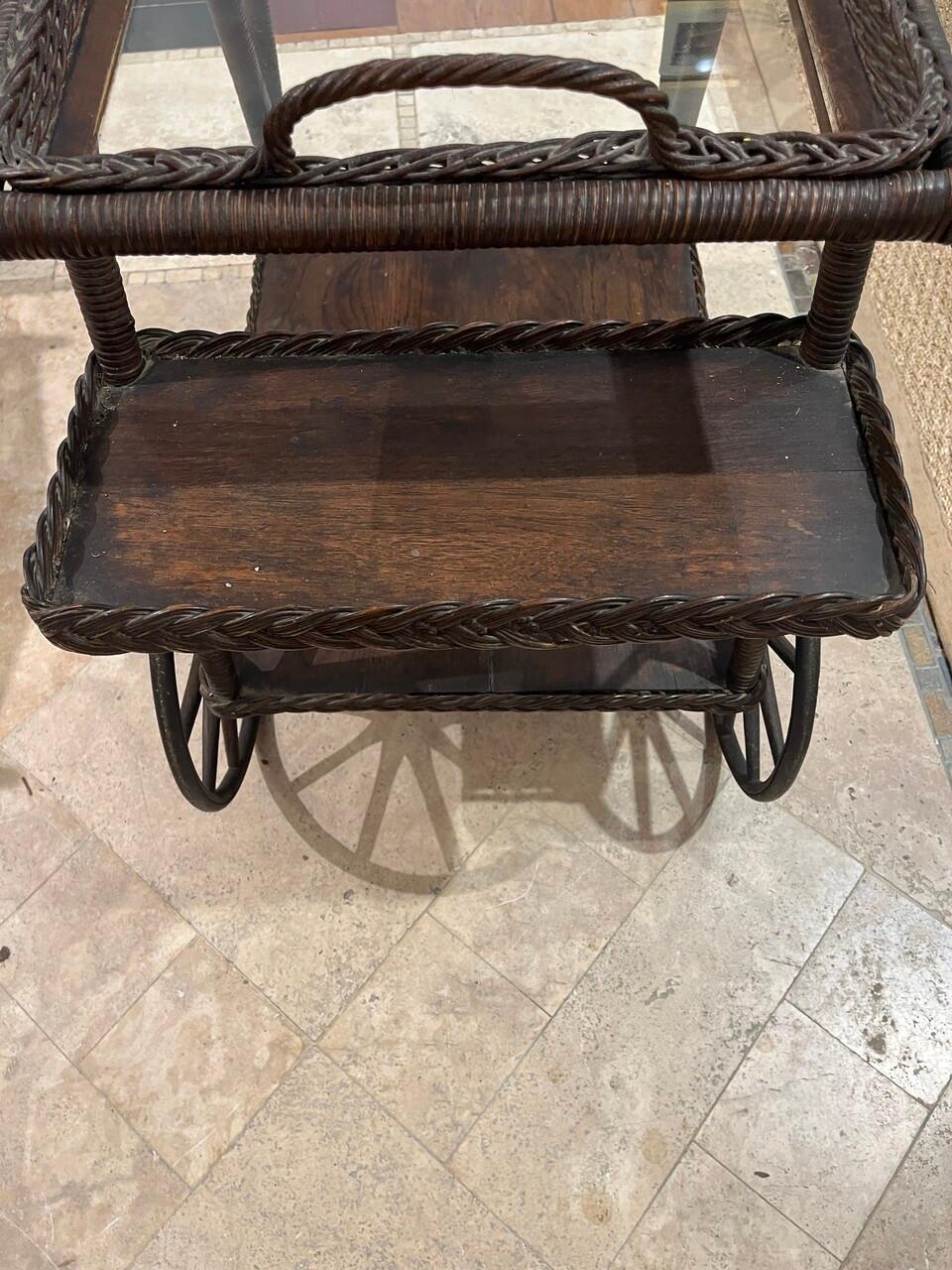 Wicker Early 20th C Heywood Wakefield Bar / Tea Cart For Sale