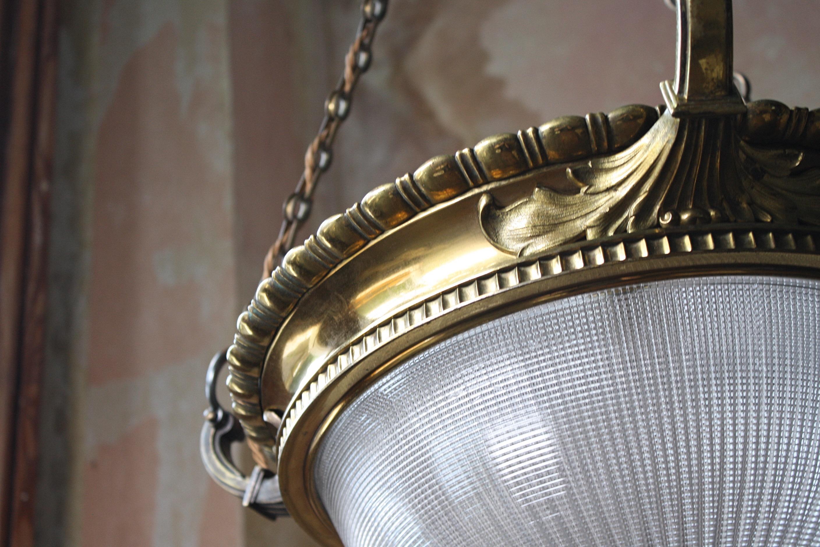 Early 20th C Holophane Gilt Brass & Prismatic Glass Chandelier Lantern Pendant  8