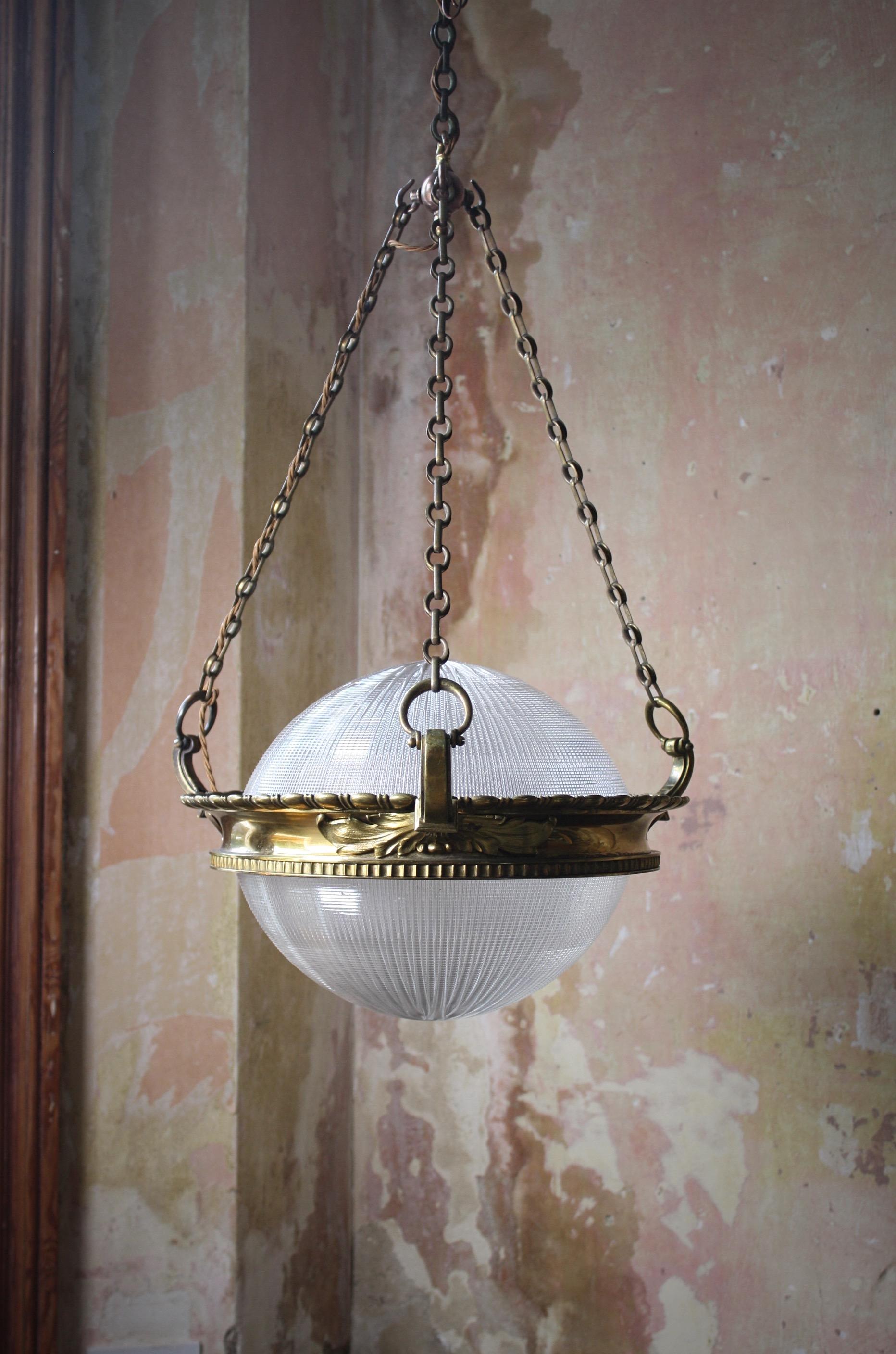 Early 20th C Holophane Gilt Brass & Prismatic Glass Chandelier Lantern Pendant  9