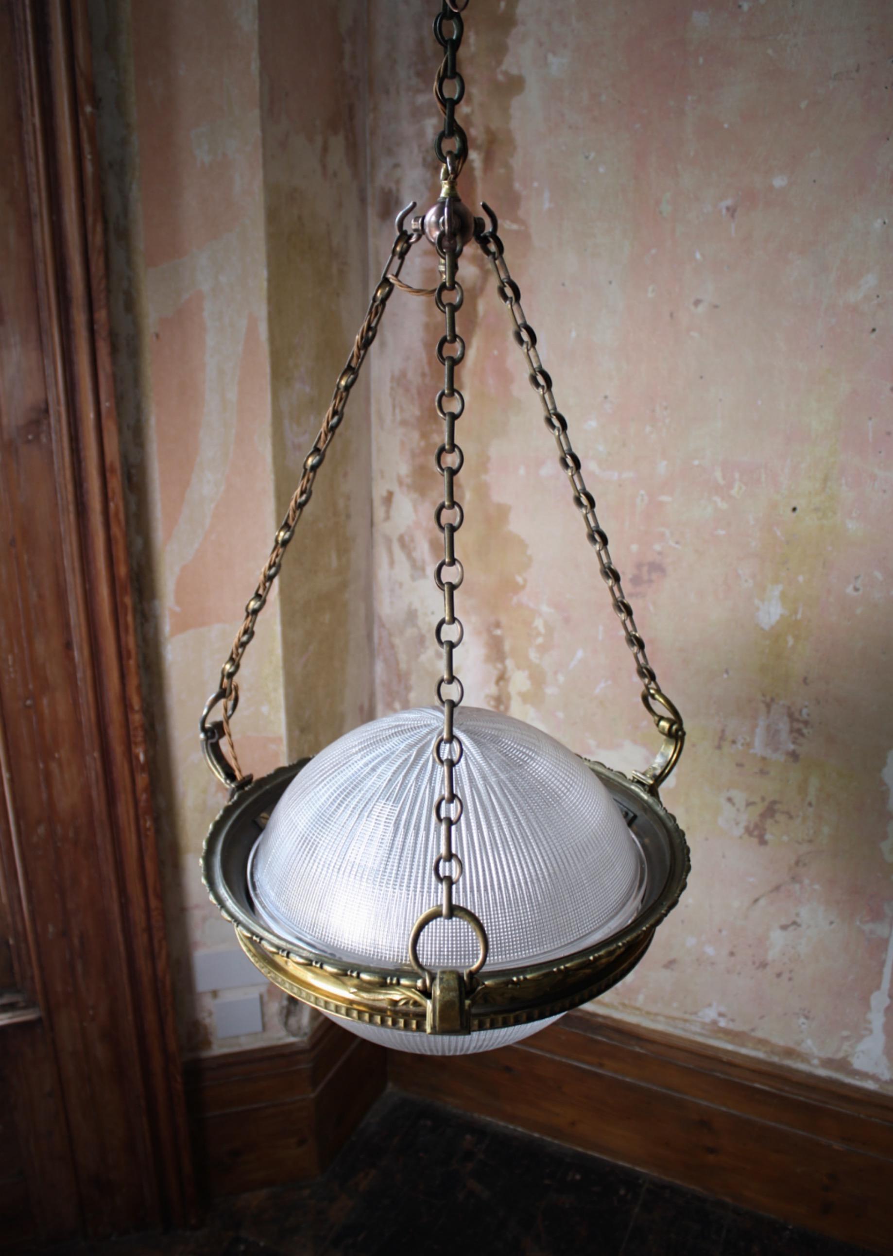Early 20th C Holophane Gilt Brass & Prismatic Glass Chandelier Lantern Pendant  10