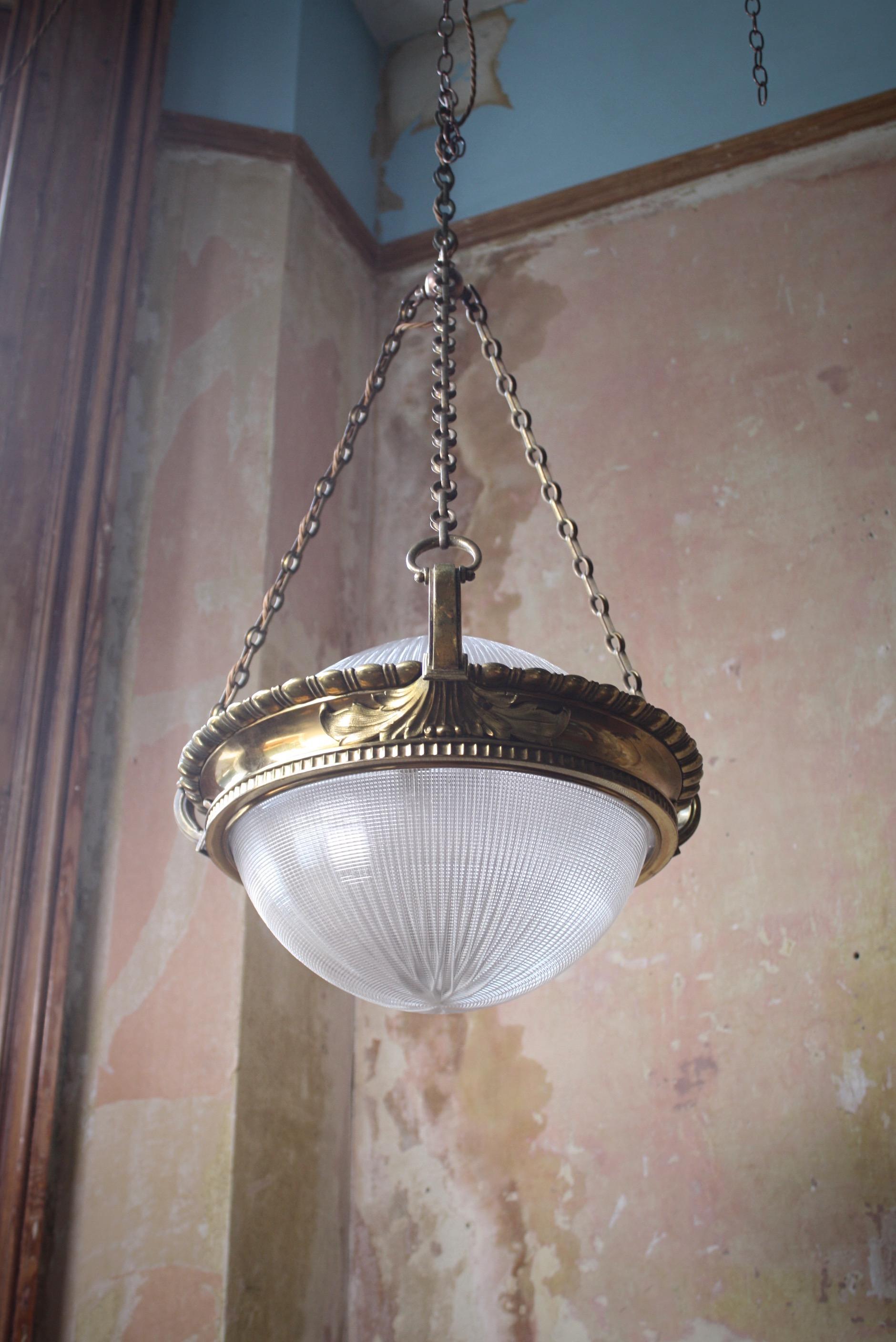 Early 20th C Holophane Gilt Brass & Prismatic Glass Chandelier Lantern Pendant  11