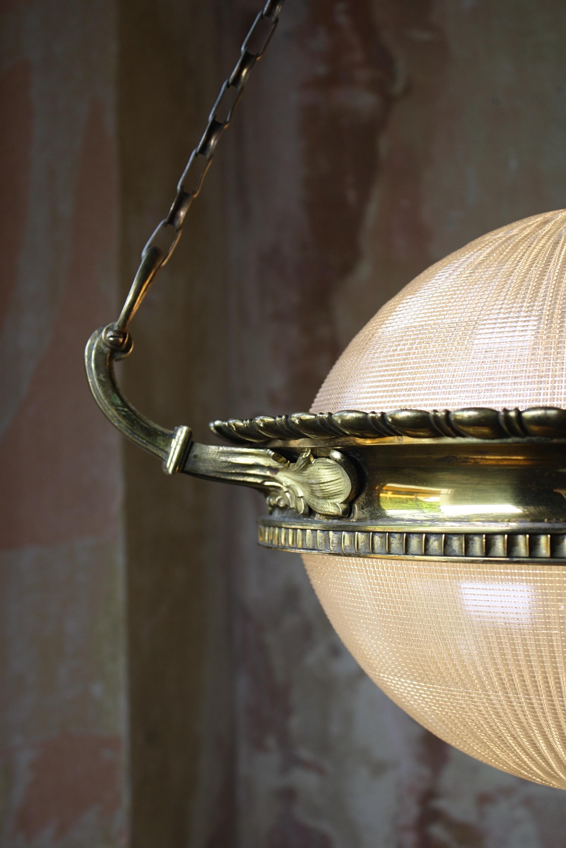 Early 20th C Holophane Gilt Brass & Prismatic Glass Chandelier Lantern Pendant  2