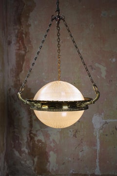 Early 20th C Holophane Gilt Brass & Prismatic Glass Chandelier Lantern Pendant 