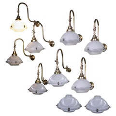 Antique Early 20th Century Holophane Prismatic Glass and Brass Wall Sconces Lights