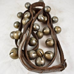 Early 20th Century Horse Parade Bells on Leather Strap, 30 Brass Bells