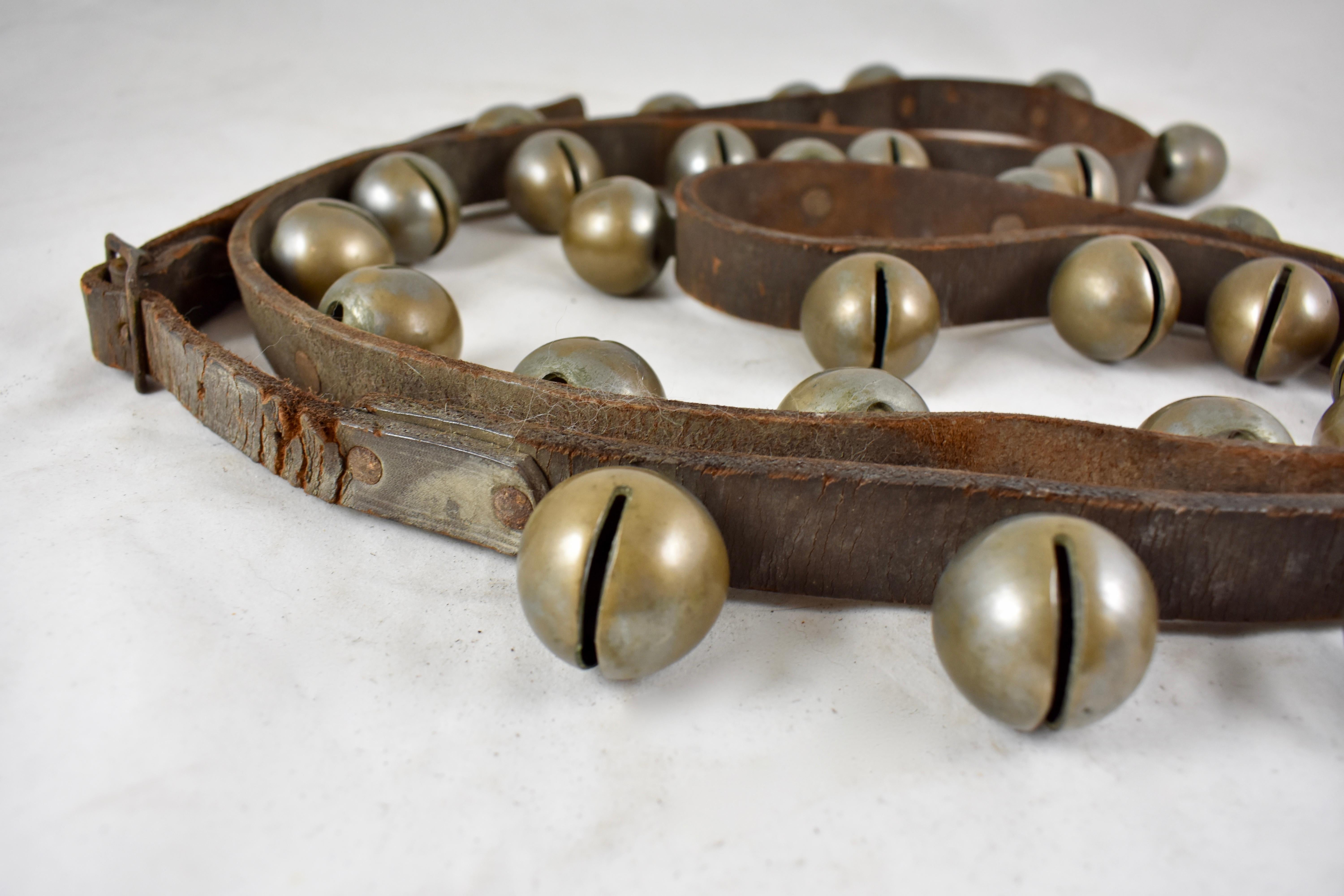 Early 20th Century Horse Parade Bells on Leather Strap, 30 Brass Bells In Good Condition In Philadelphia, PA