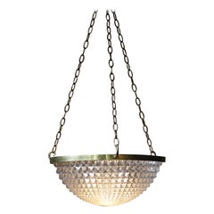 Early 20th C Huge Holophane Prismatic Glass & Brass Plafonnier Pendant Light