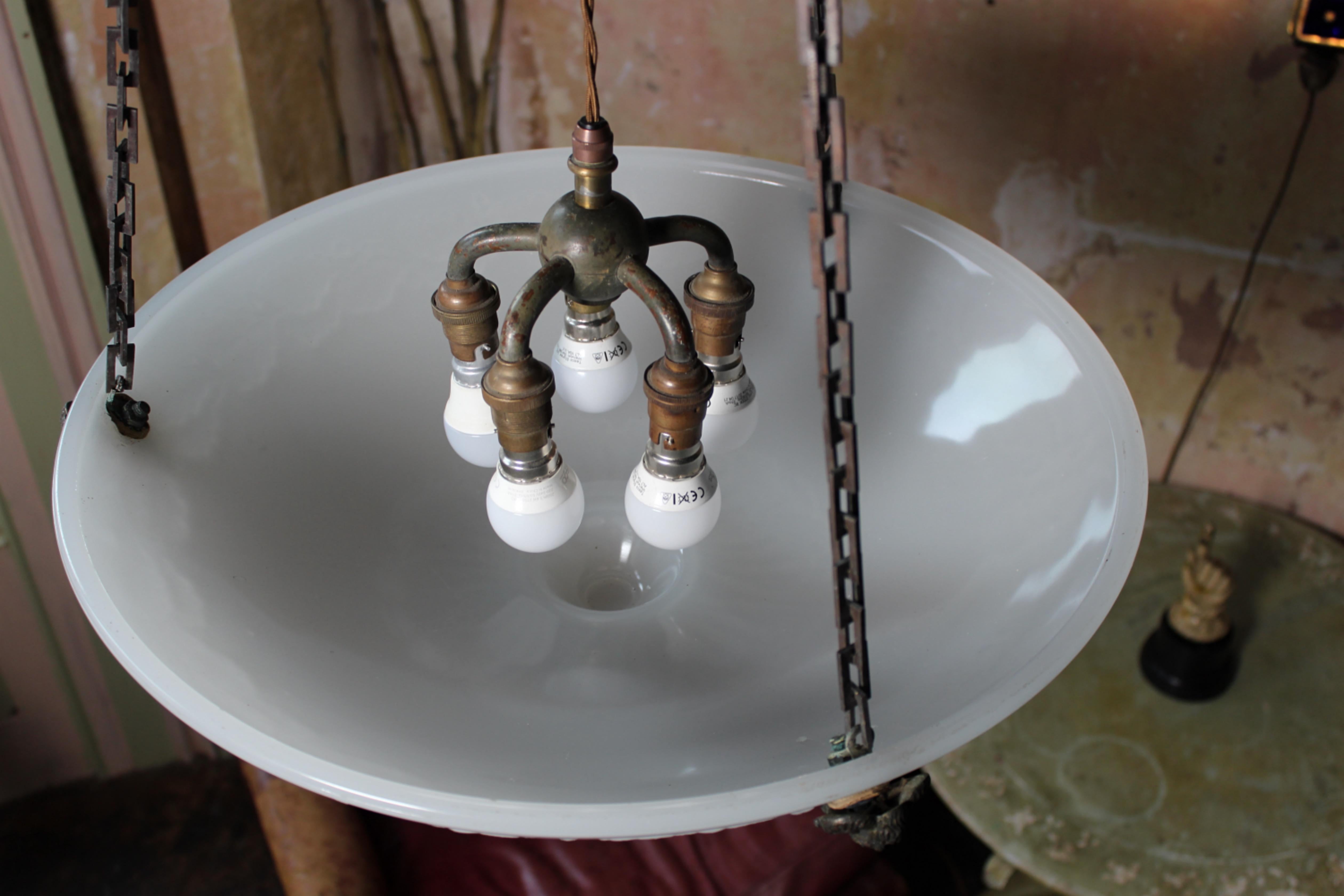 Early 20th C Huge Jefferson Milk Glass Regency Style Plafonnier Pendant Light  6