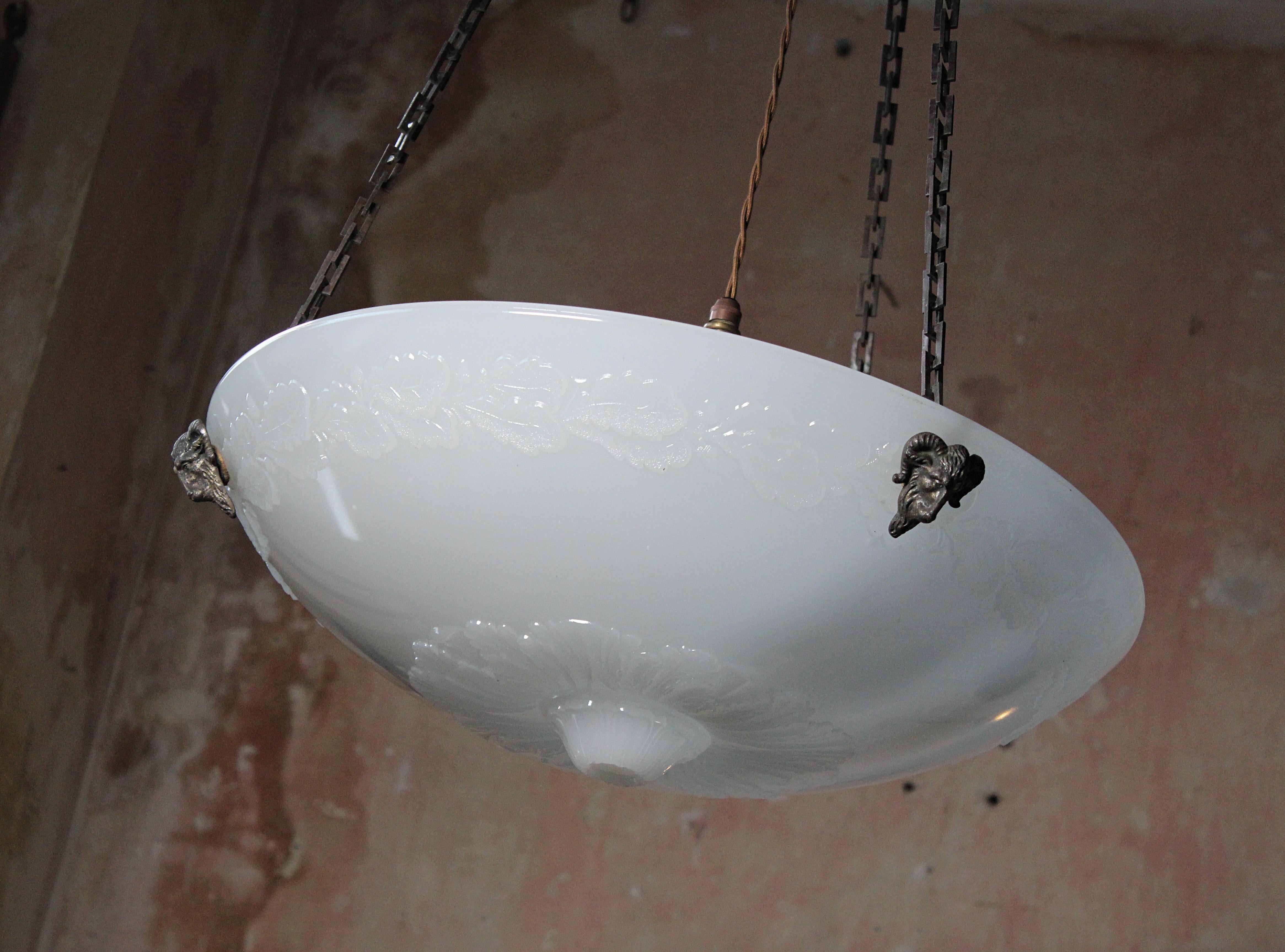 Bronze Early 20th C Huge Jefferson Milk Glass Regency Style Plafonnier Pendant Light 