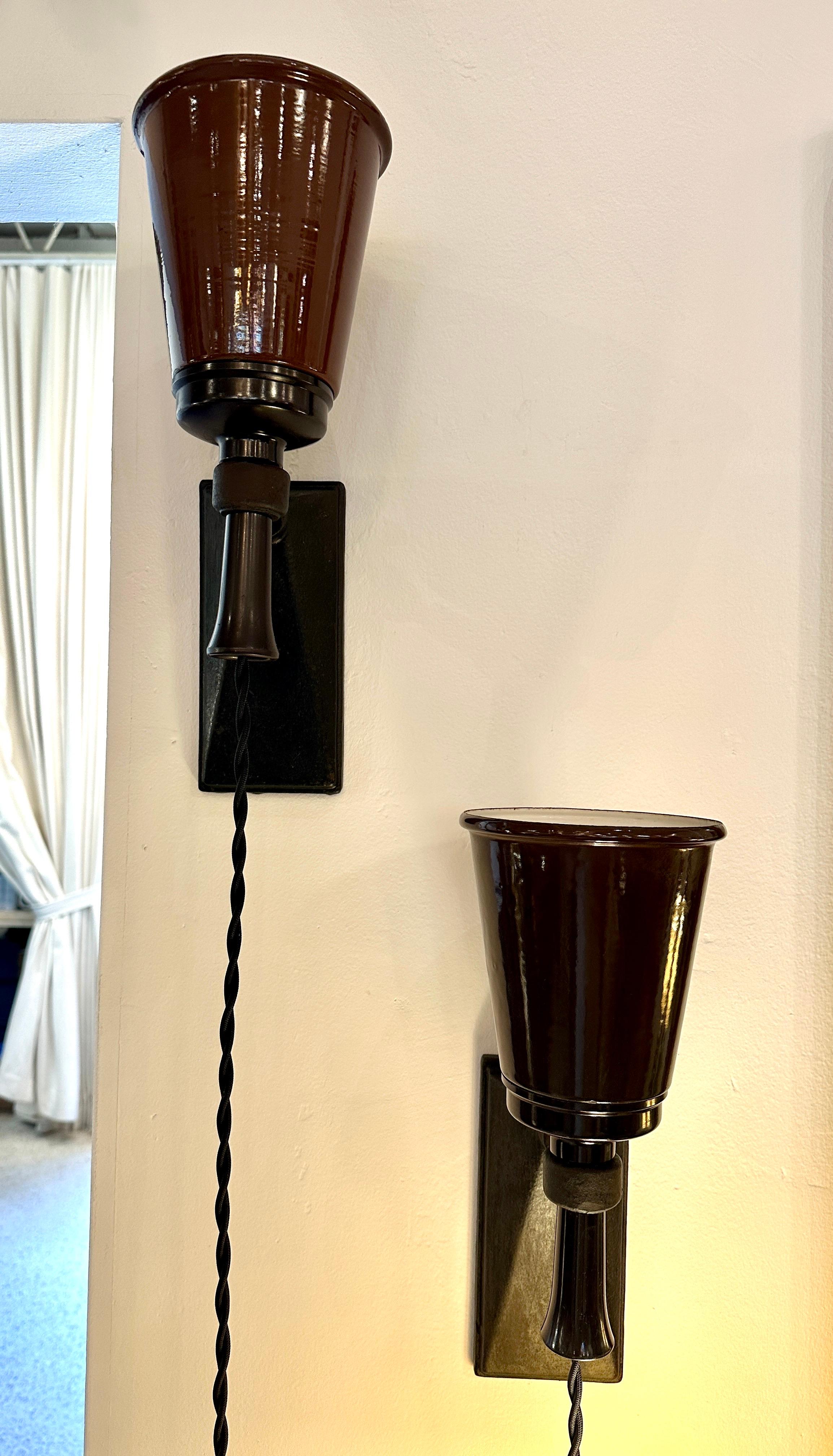 Early 20th C. Industrial Enamel & Bakelite Belgian Wall Lights - Pair For Sale 6