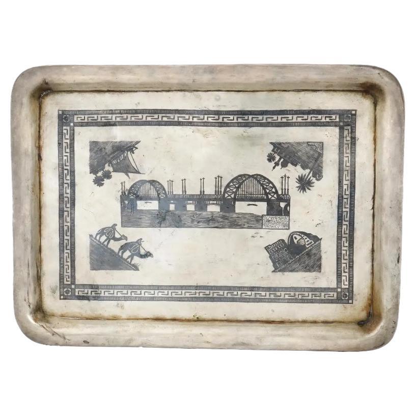 Early 20Th C Iraqi Niello Silver Serving Tray For Sale