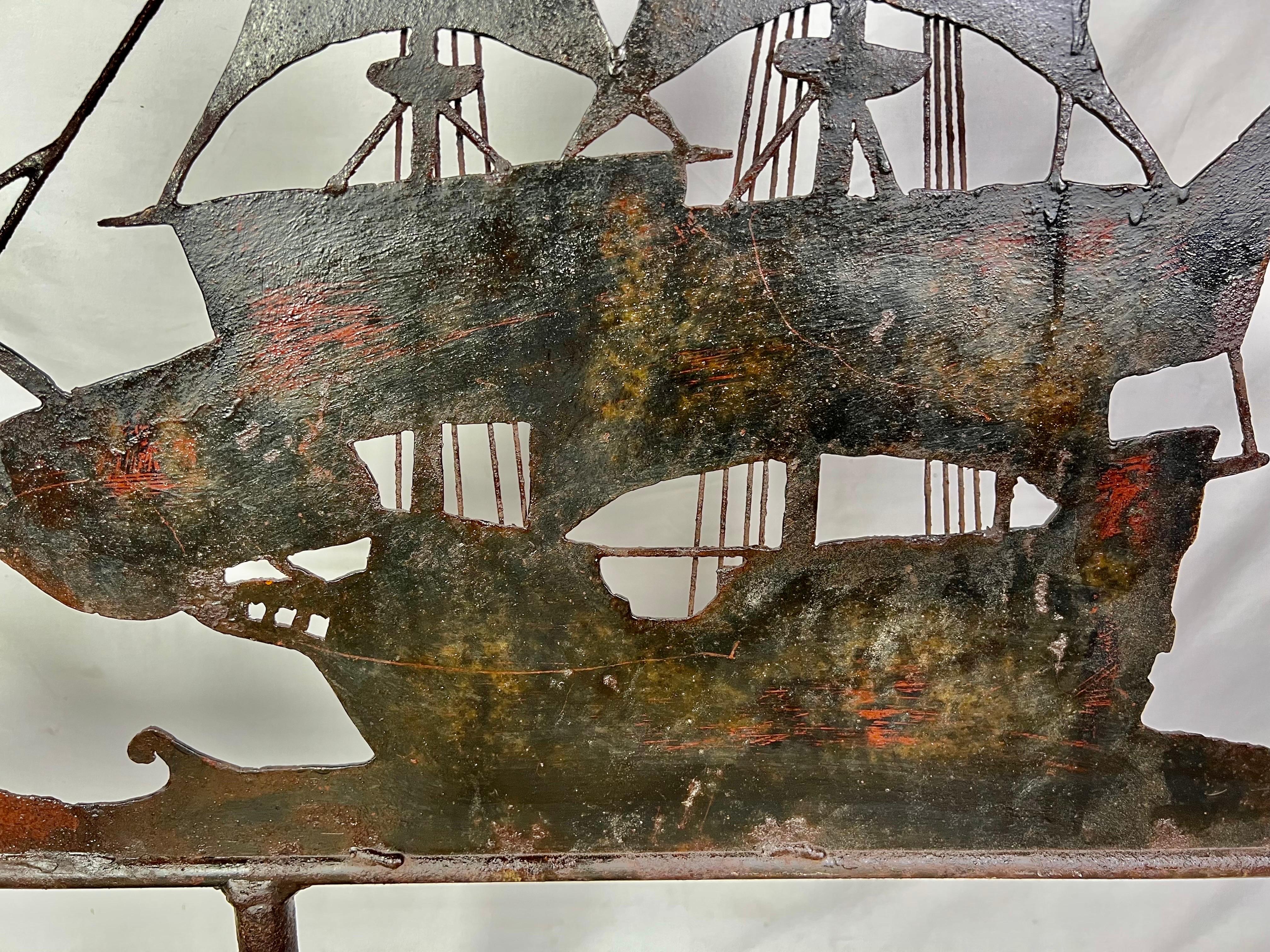 Early 20th C. Iron Ship and Whale Mounted on Iron Base In Distressed Condition In Los Angeles, CA