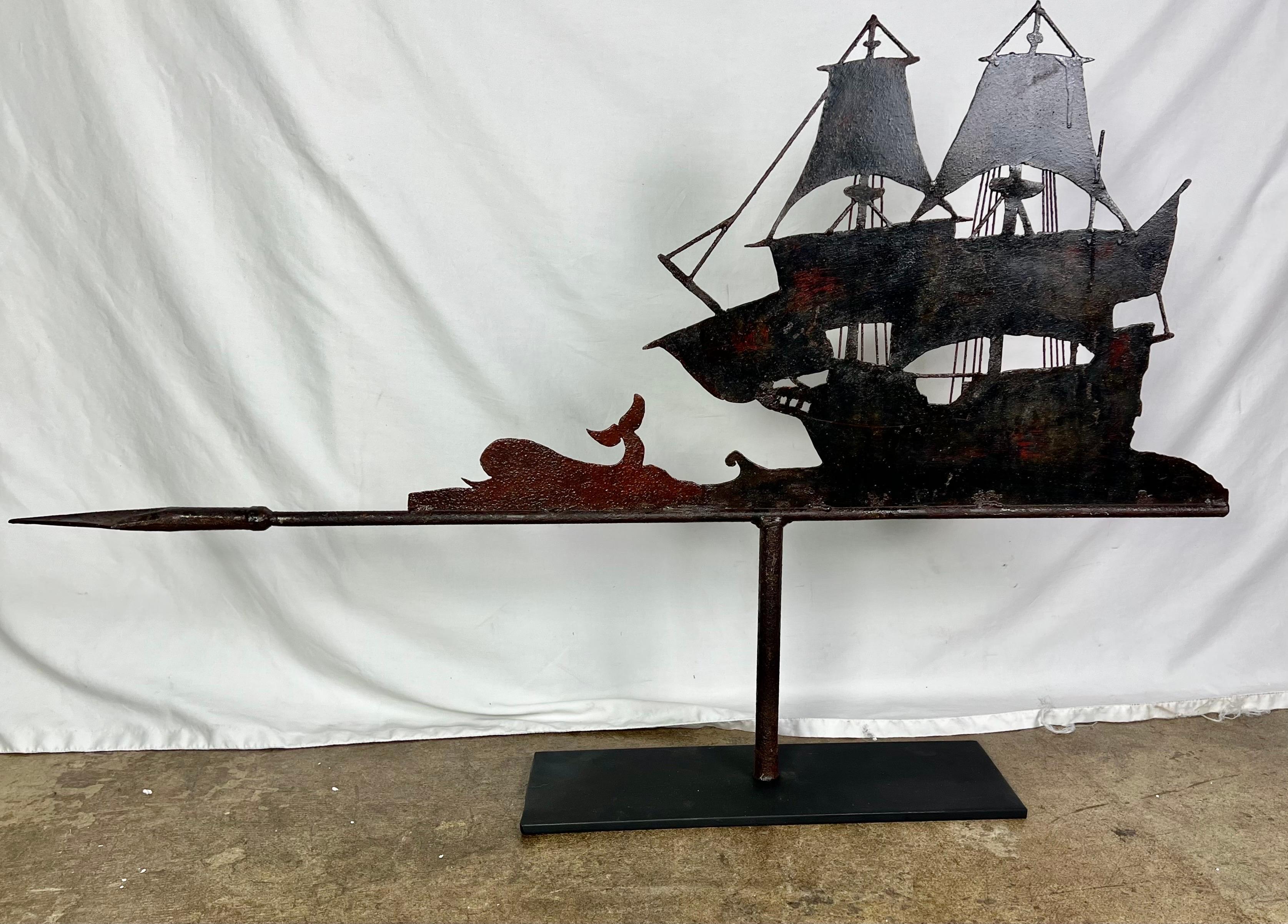 Wrought Iron Early 20th C. Iron Ship and Whale Mounted on Iron Base
