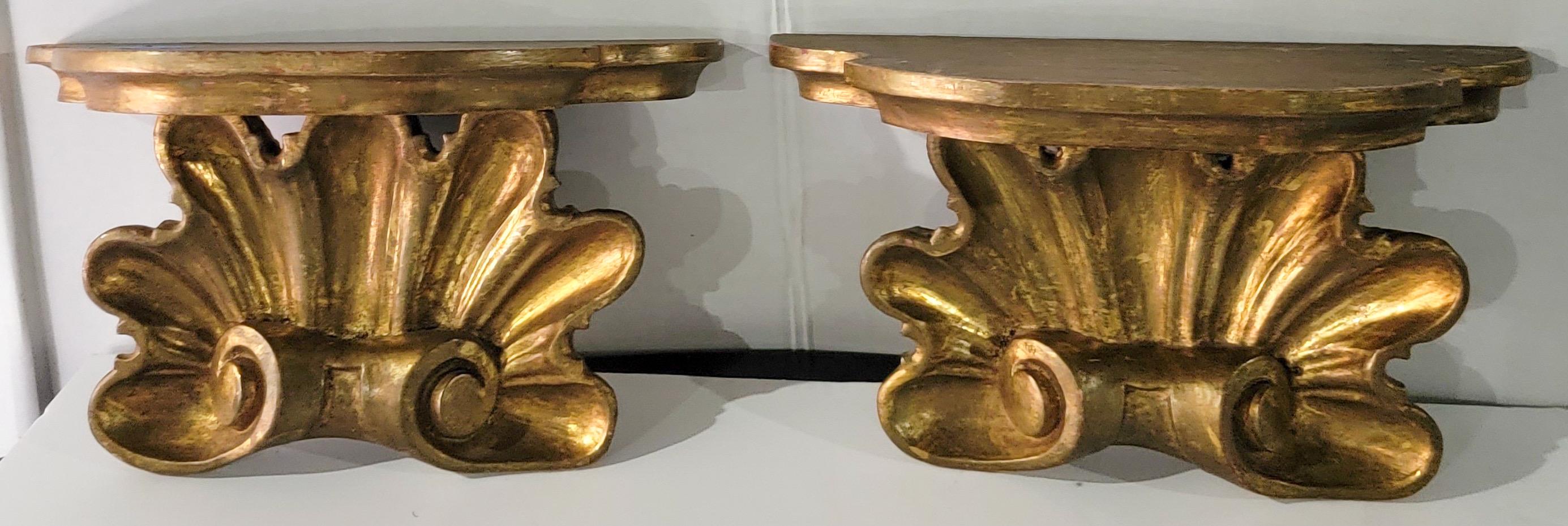 Rococo Début du 20e siècle. Paire de supports en bois doré sculpté italien de style rococo en forme de coquillage en vente