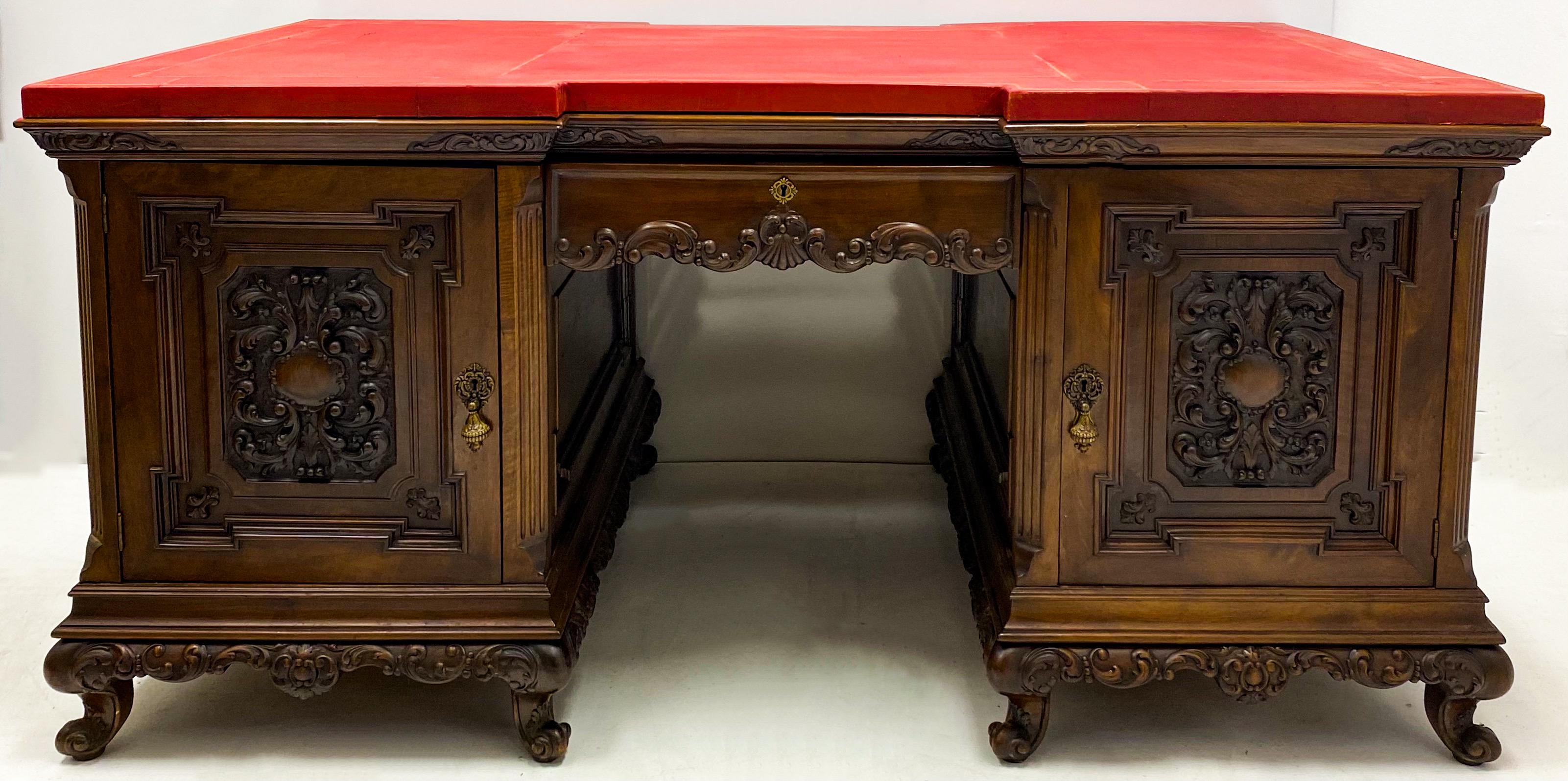 Early 20th Century Italian Carved Walnut Leather Top Desk 1