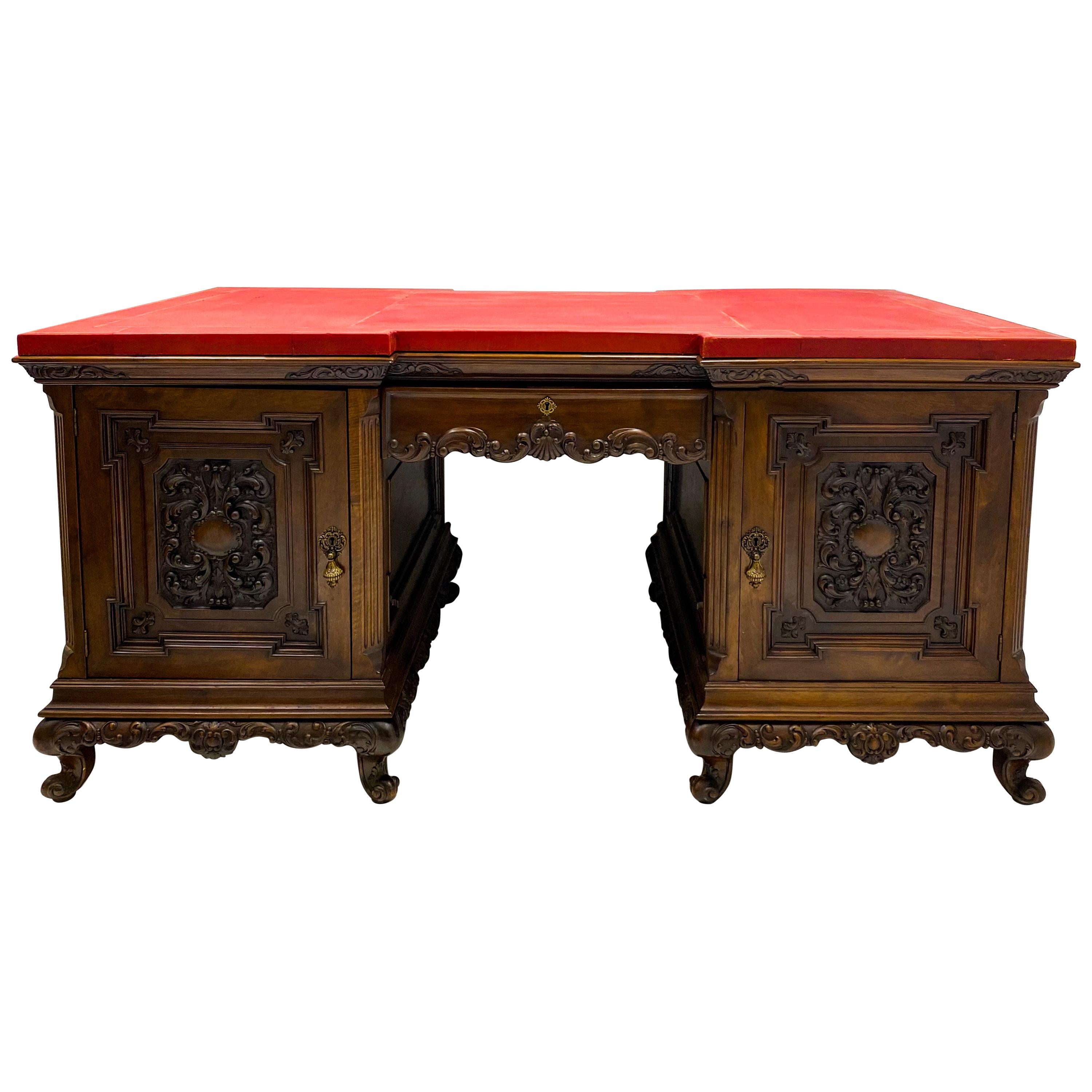 Early 20th Century Italian Carved Walnut Leather Top Desk