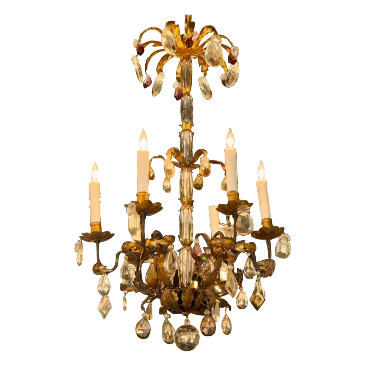 Early 20th c. Italian Gilt Tole and Crystal Chandelier For Sale