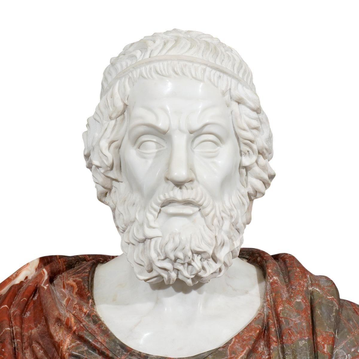 An elegant early 20th century Italian marble bust of Homer, the legendary ancient Greek poet traditionally credited as the author of the Iliad and the Odyssey—two foundational works of Western literature.
This finely sculpted bust features Homer