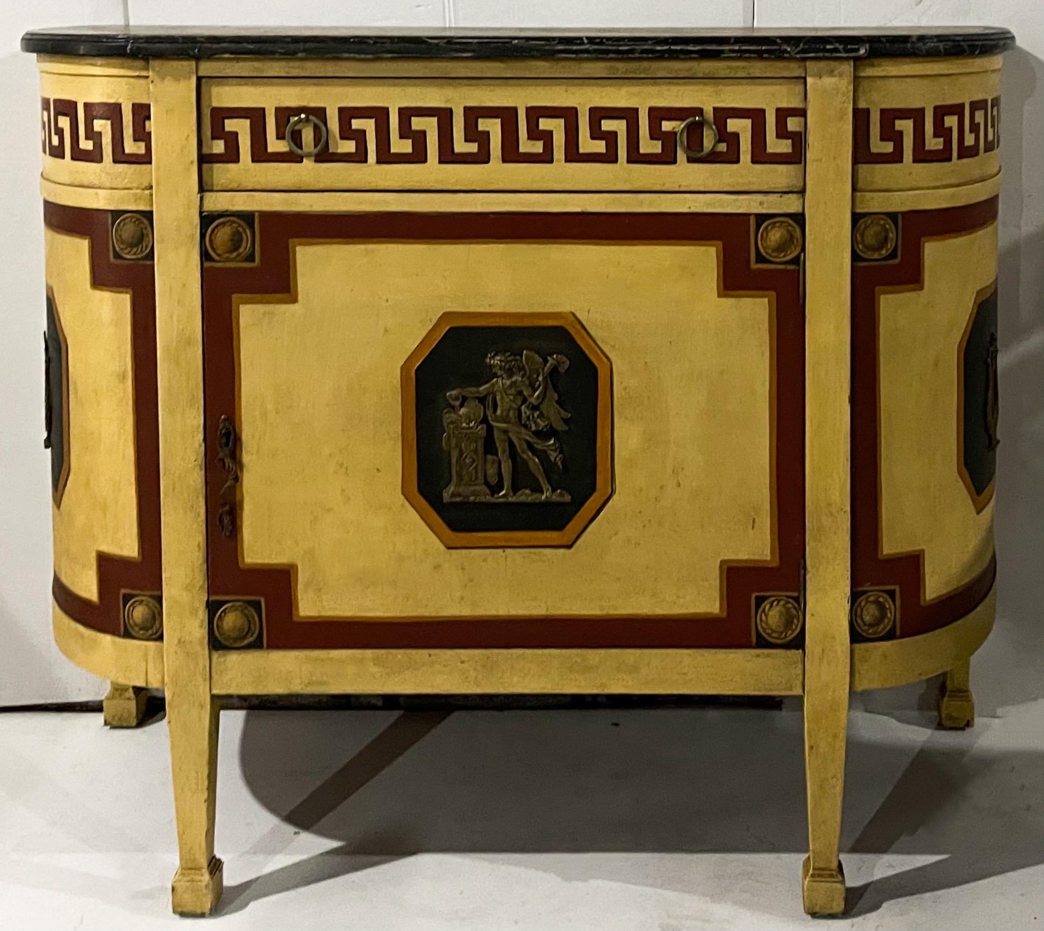 This is a show stopper! It is an early 20th century Italian neo-classical style faux marble painted demilune cabinet. The coloration is wonderful with garnet Greek Key accents and black and gold Greco-Roman figures. It is unmarked.