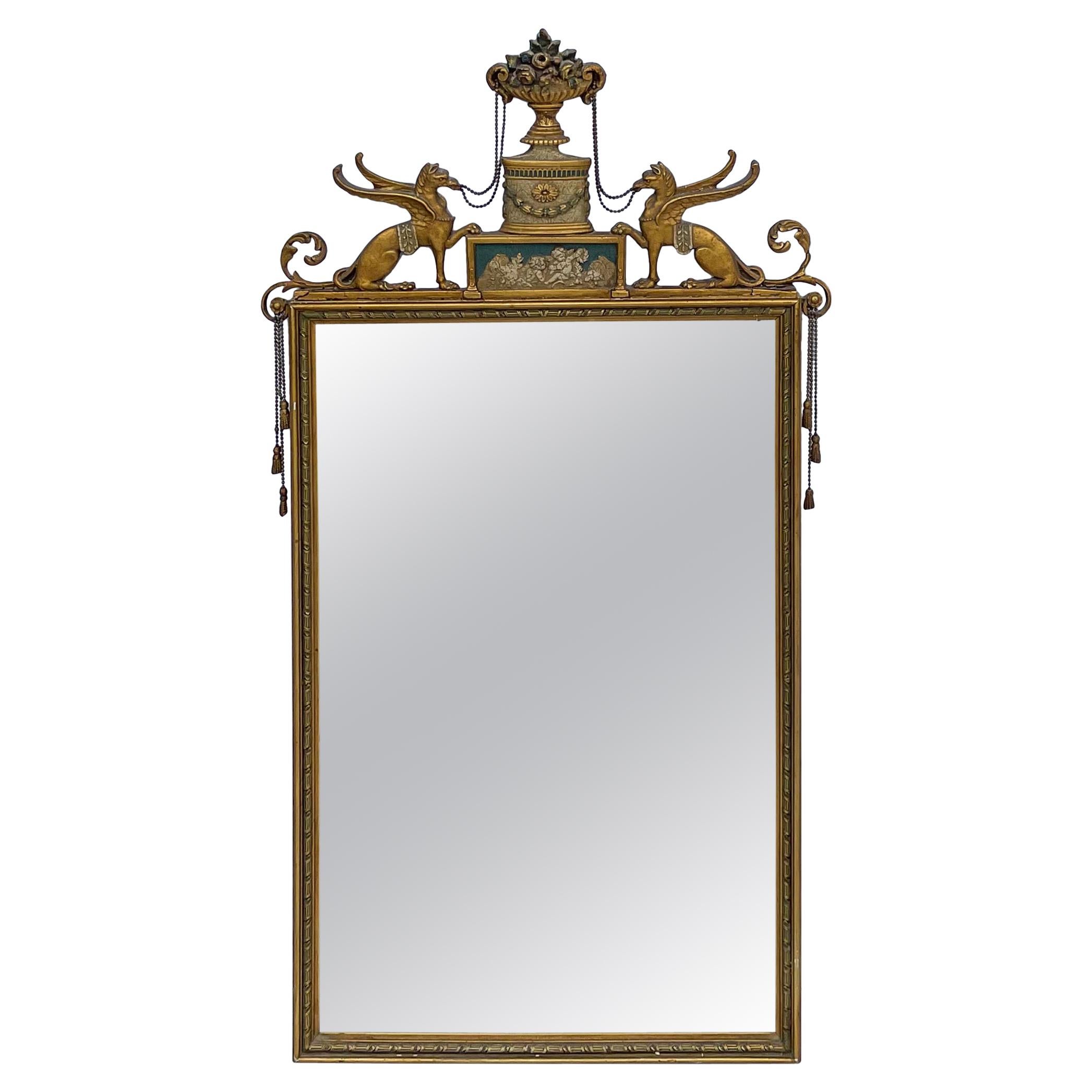 Early 20th-C Italian Neo-Classical Style Mirror with Carved Griffins