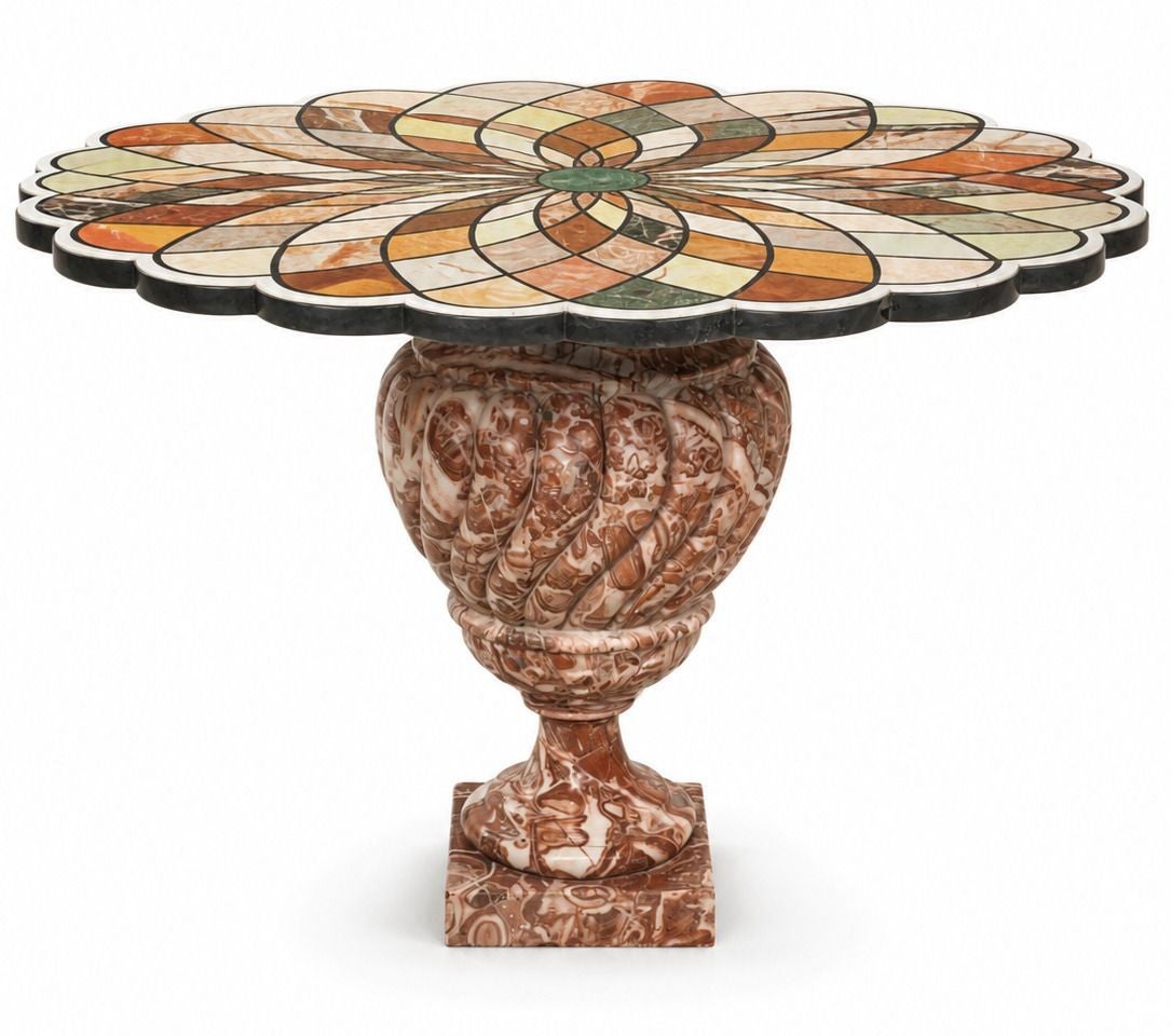 Early 20th C. Italian Pietra Dura Geometric Flower Center Table w/ Marble Base