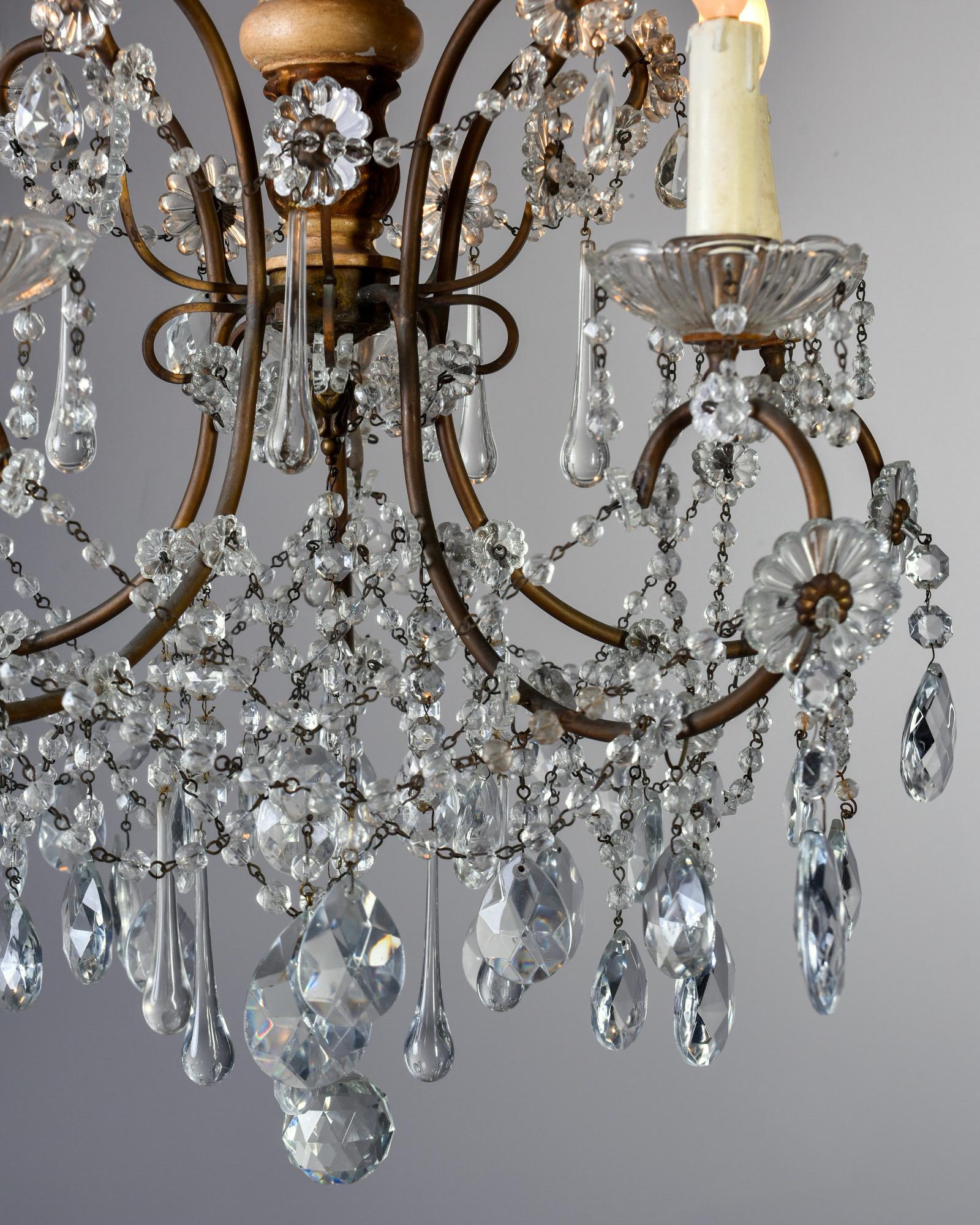 Metal Early 20th Century Italian Five Light Crystal and Giltwood Chandelier