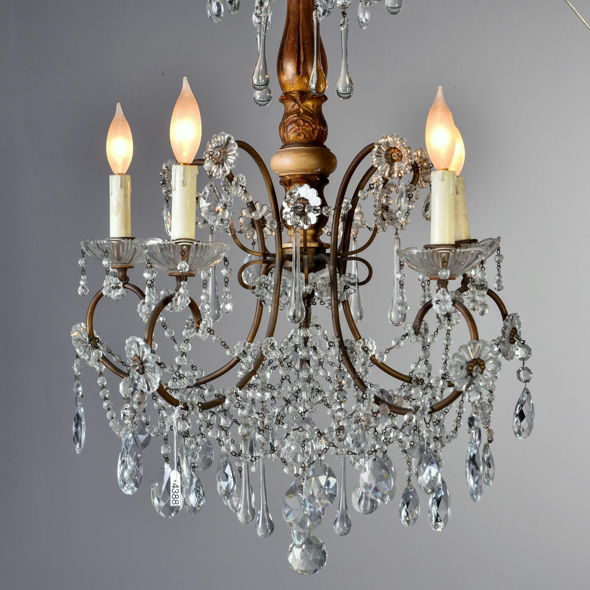 Early 20th Century Italian Five Light Crystal and Giltwood Chandelier 5